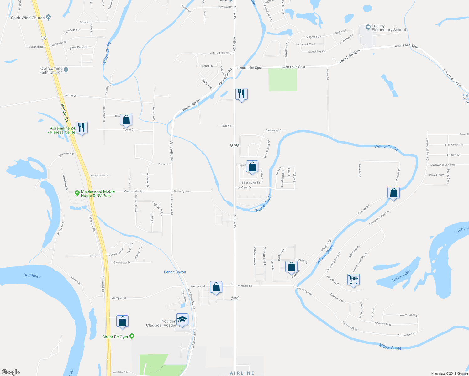 map of restaurants, bars, coffee shops, grocery stores, and more near 5154 Airline Drive in Bossier City