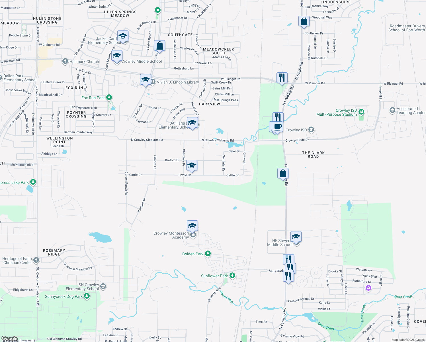 map of restaurants, bars, coffee shops, grocery stores, and more near 2324 Cattle Drive in Crowley