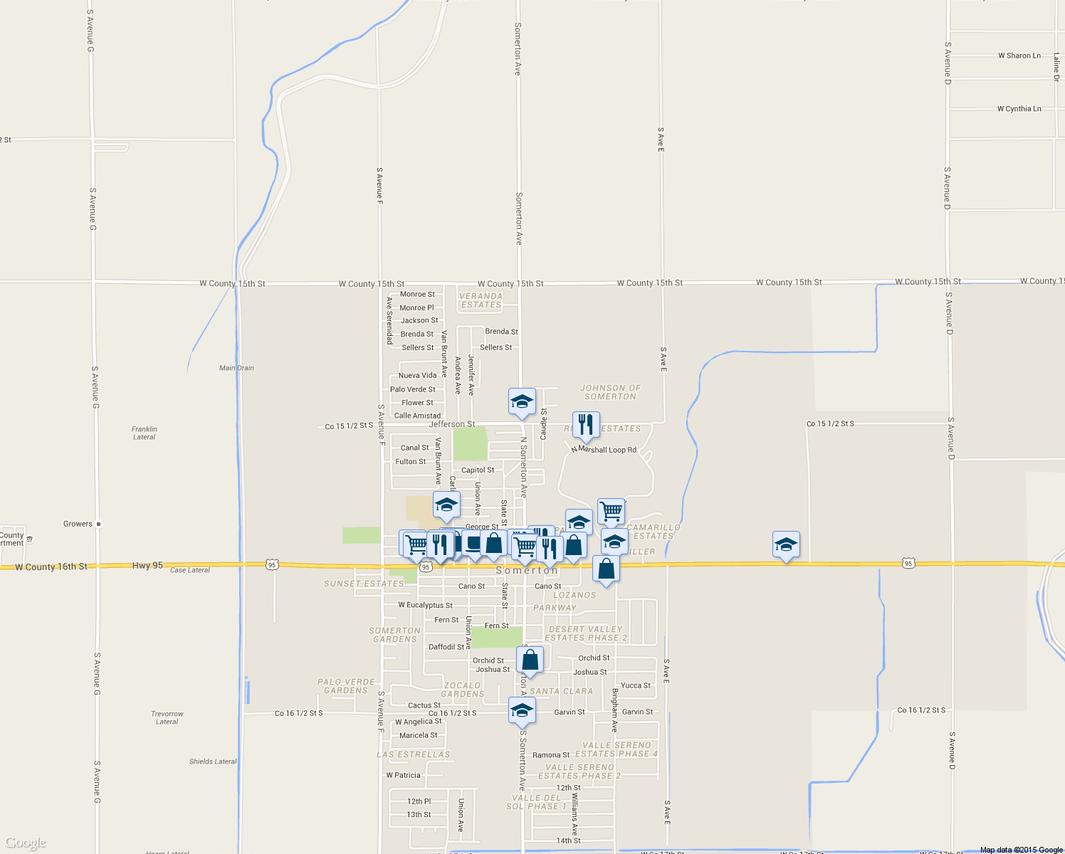 map of restaurants, bars, coffee shops, grocery stores, and more near Somerton Ally in Somerton