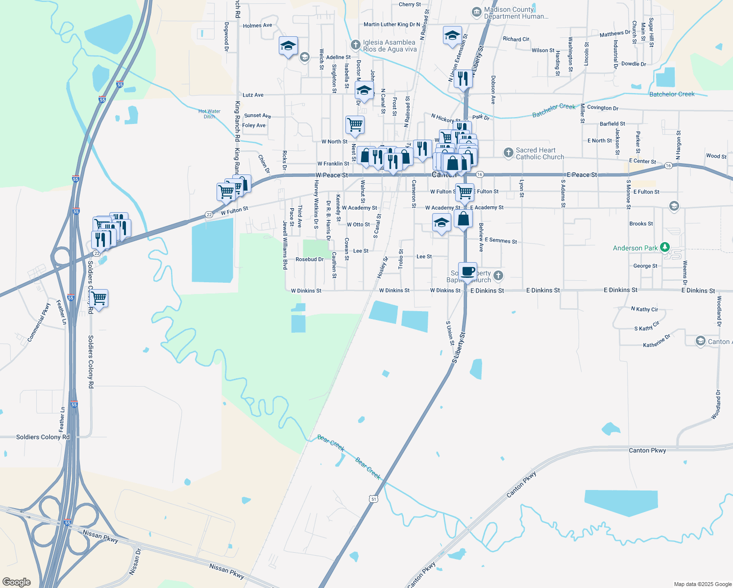 map of restaurants, bars, coffee shops, grocery stores, and more near 633 West Dinkins Street in Canton