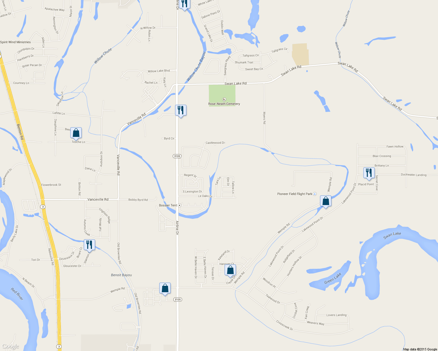 map of restaurants, bars, coffee shops, grocery stores, and more near 5177 Tara Lane in Bossier City