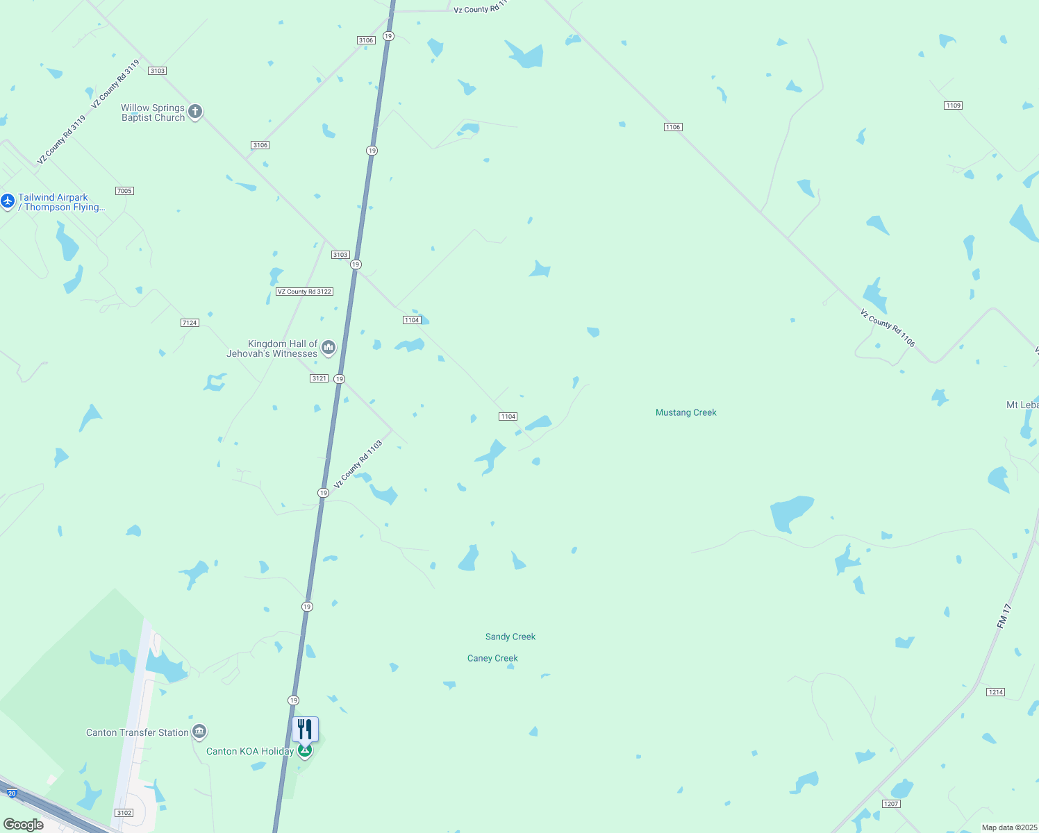 map of restaurants, bars, coffee shops, grocery stores, and more near 501 Vz County Road 1104 in Canton