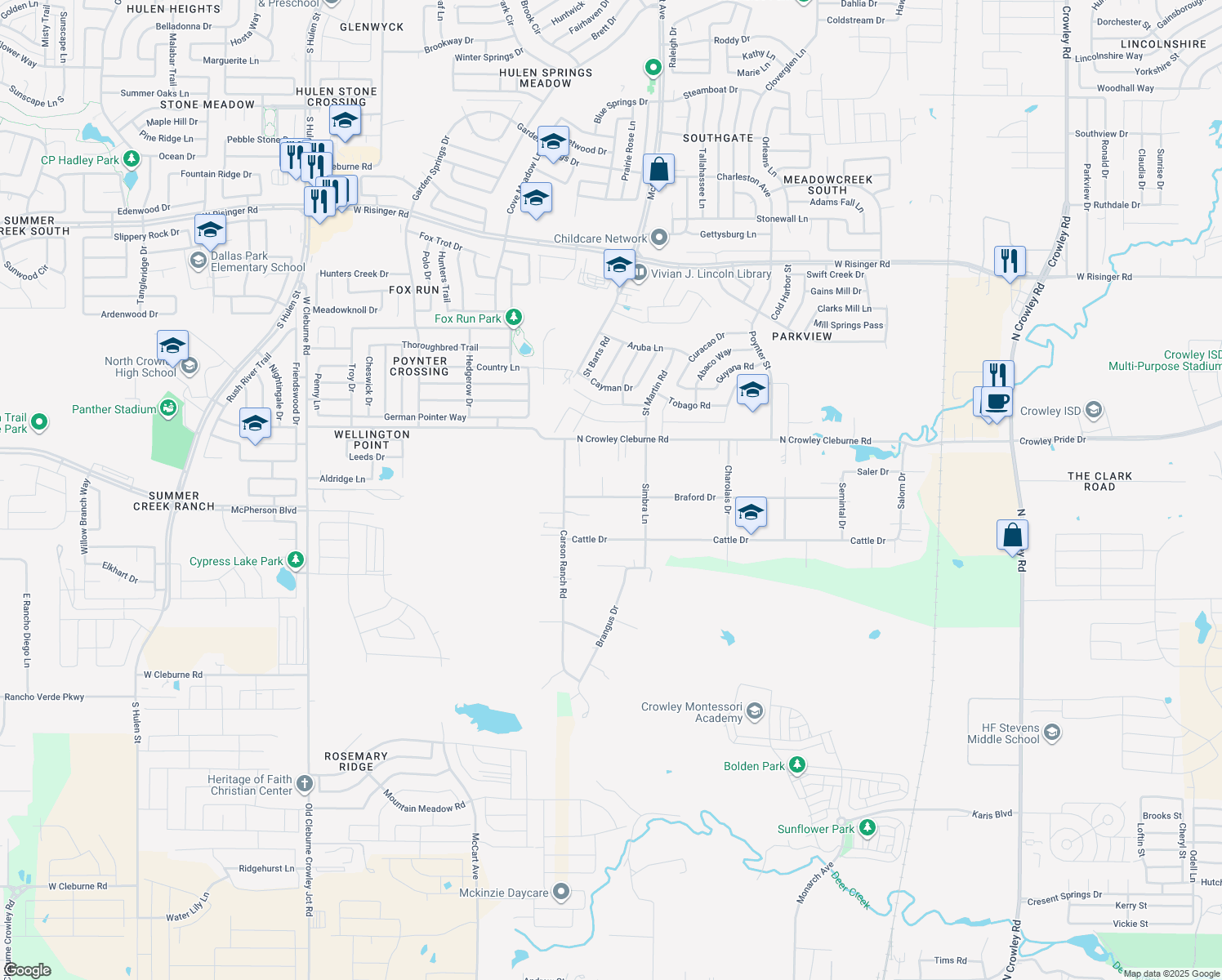 map of restaurants, bars, coffee shops, grocery stores, and more near 3100 Braford Drive in Crowley