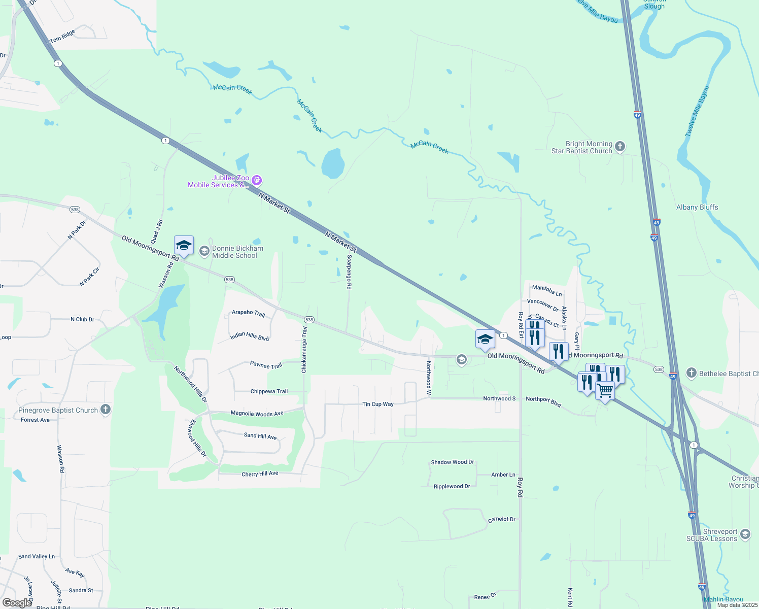 map of restaurants, bars, coffee shops, grocery stores, and more near 6061 North Market Street in Shreveport