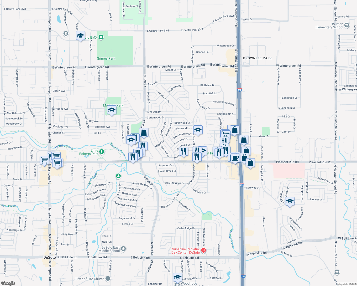 map of restaurants, bars, coffee shops, grocery stores, and more near 1020 Rosewood Drive in DeSoto
