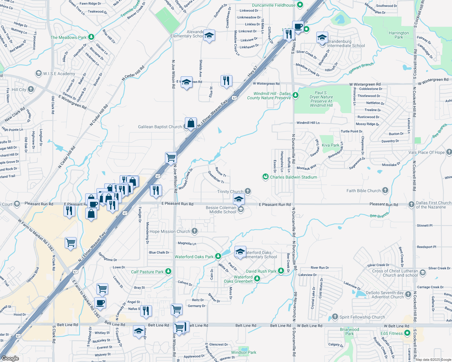 map of restaurants, bars, coffee shops, grocery stores, and more near 1006 Greenbriar Tr in Cedar Hill