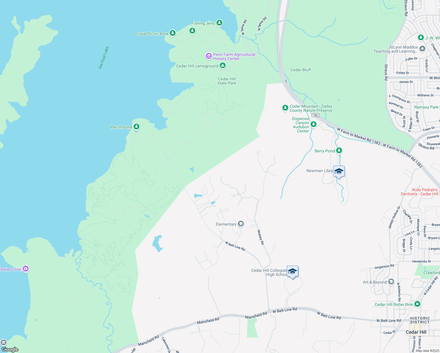 map of restaurants, bars, coffee shops, grocery stores, and more near 1643 Promontory Drive in Cedar Hill