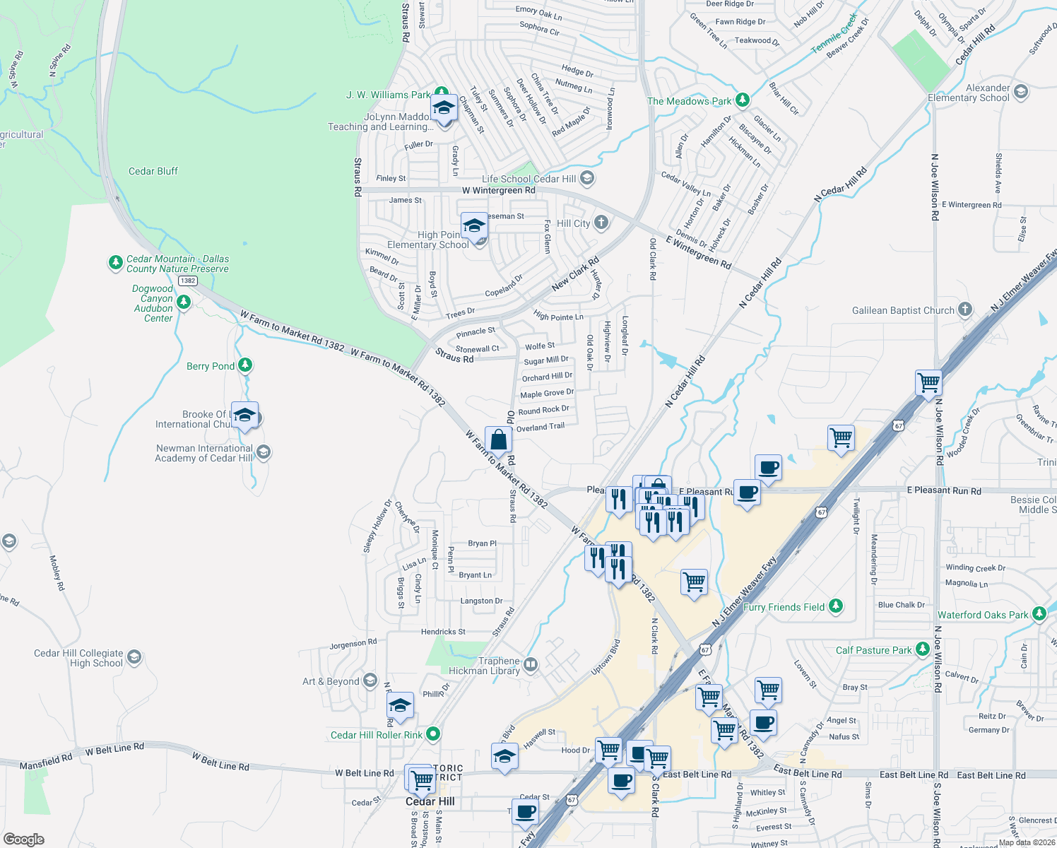 map of restaurants, bars, coffee shops, grocery stores, and more near 463 Overland Trail in Cedar Hill
