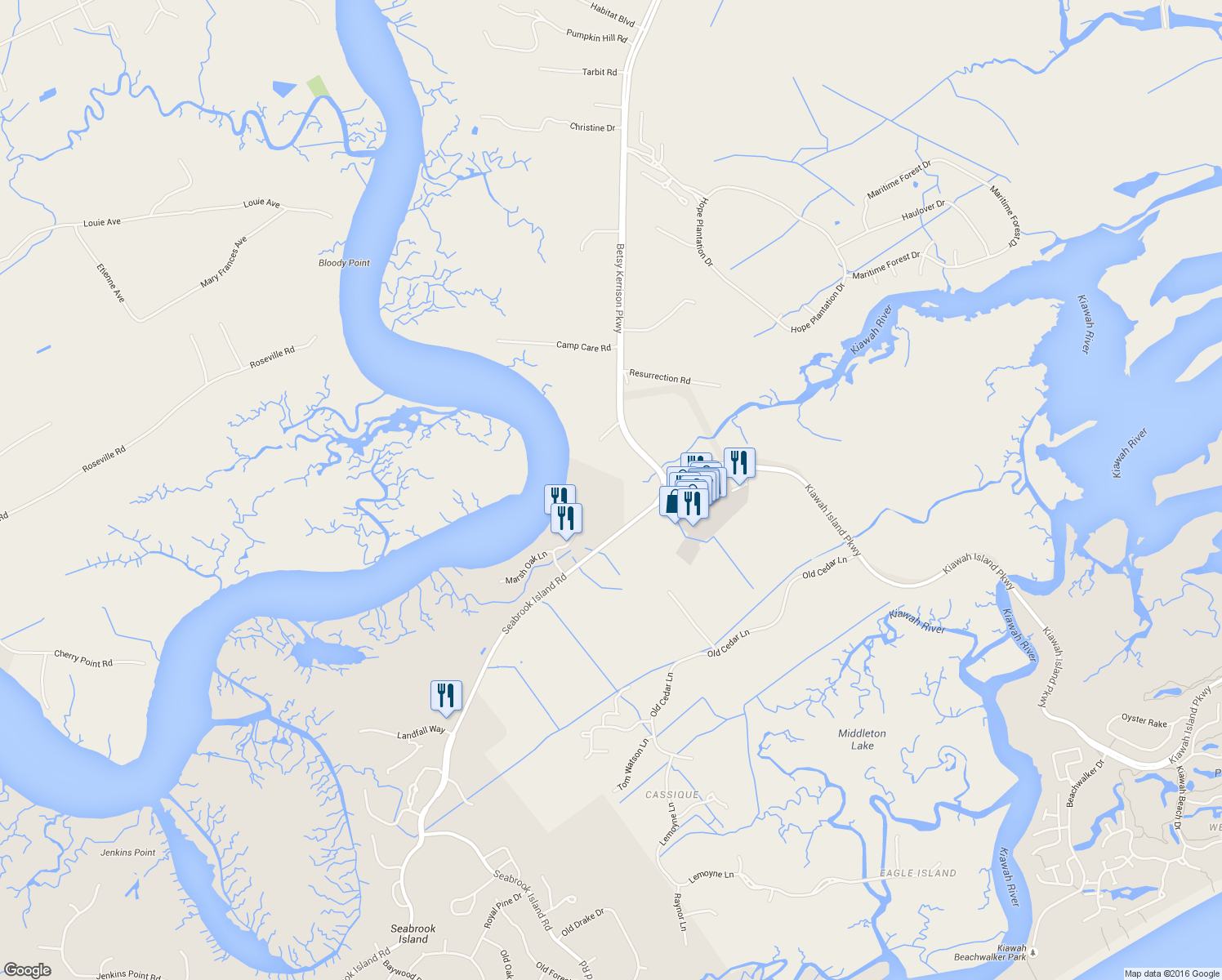 map of restaurants, bars, coffee shops, grocery stores, and more near 4484 Betsy Kerrison Parkway in Johns Island
