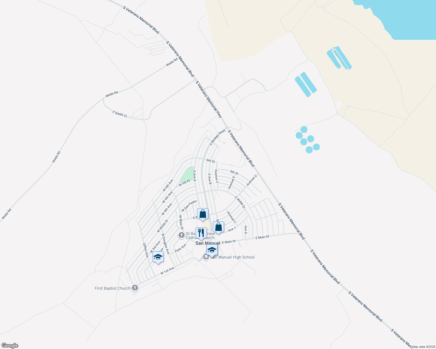 map of restaurants, bars, coffee shops, grocery stores, and more near 201 East 5th Place in San Manuel