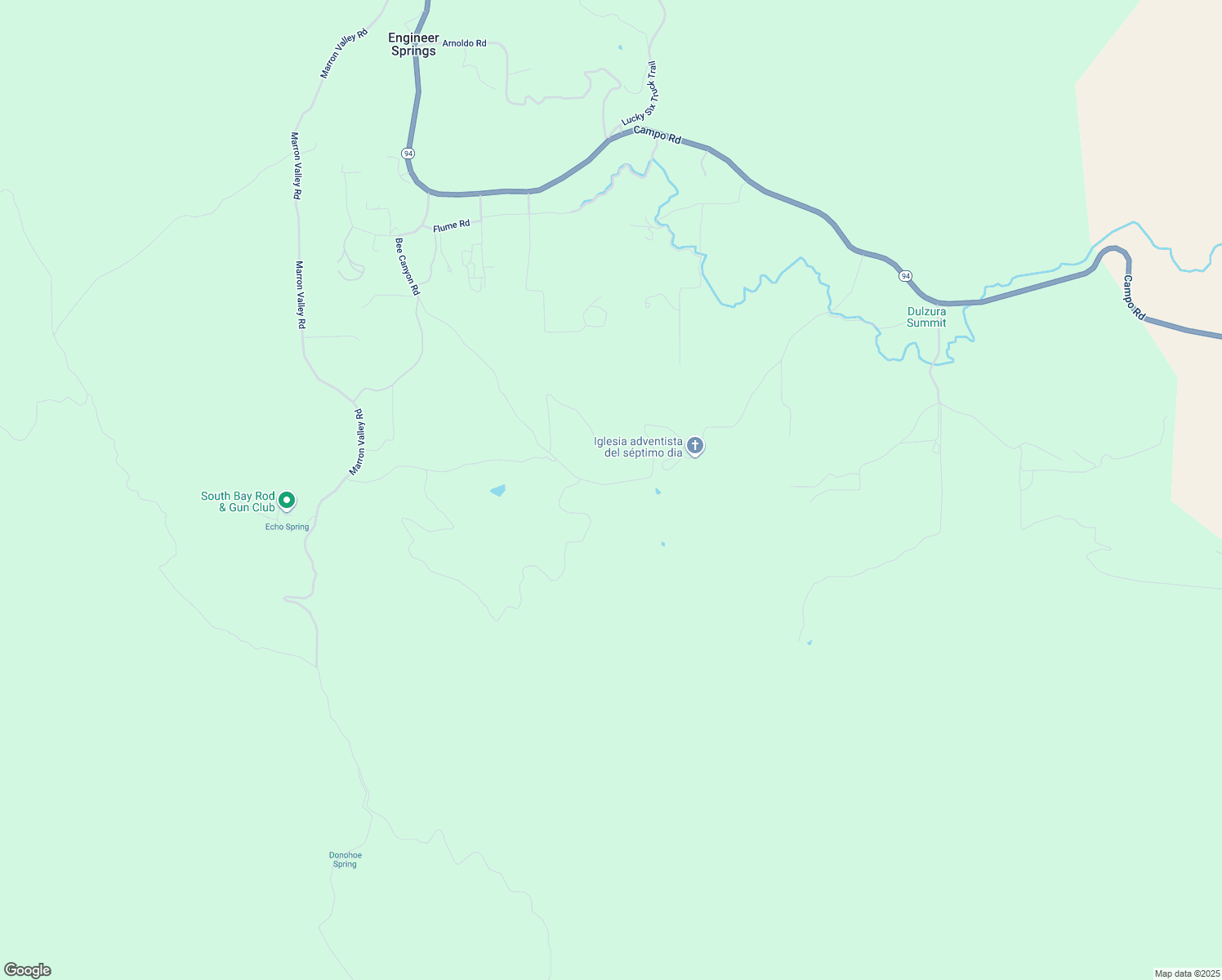 map of restaurants, bars, coffee shops, grocery stores, and more near 18597 Bee Canyon Road in Dulzura