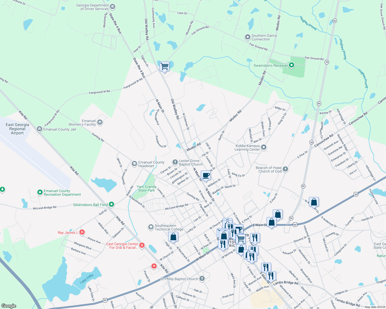 map of restaurants, bars, coffee shops, grocery stores, and more near 127 Modoc Road in Swainsboro
