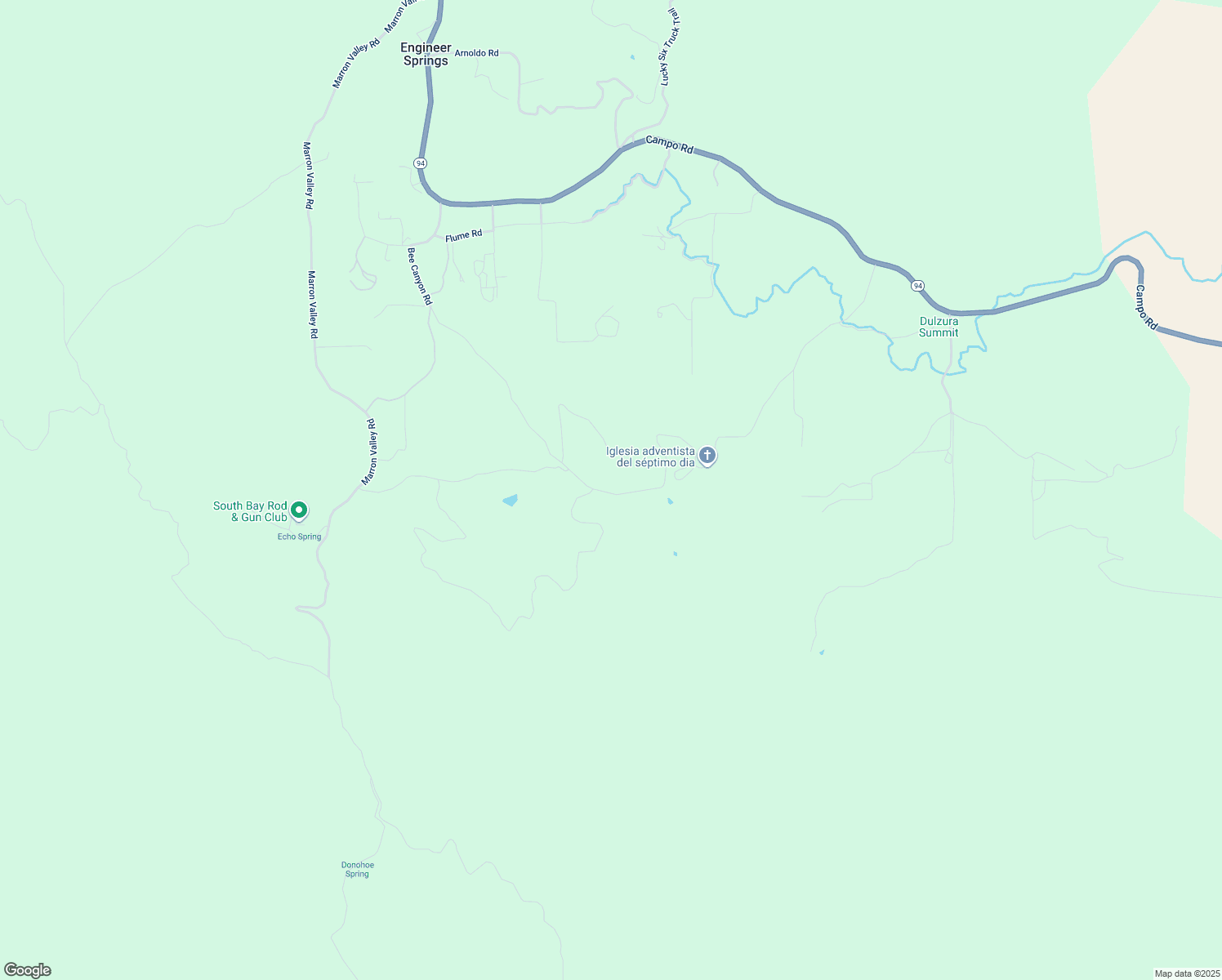 map of restaurants, bars, coffee shops, grocery stores, and more near 18597 Bee Canyon Road in Dulzura