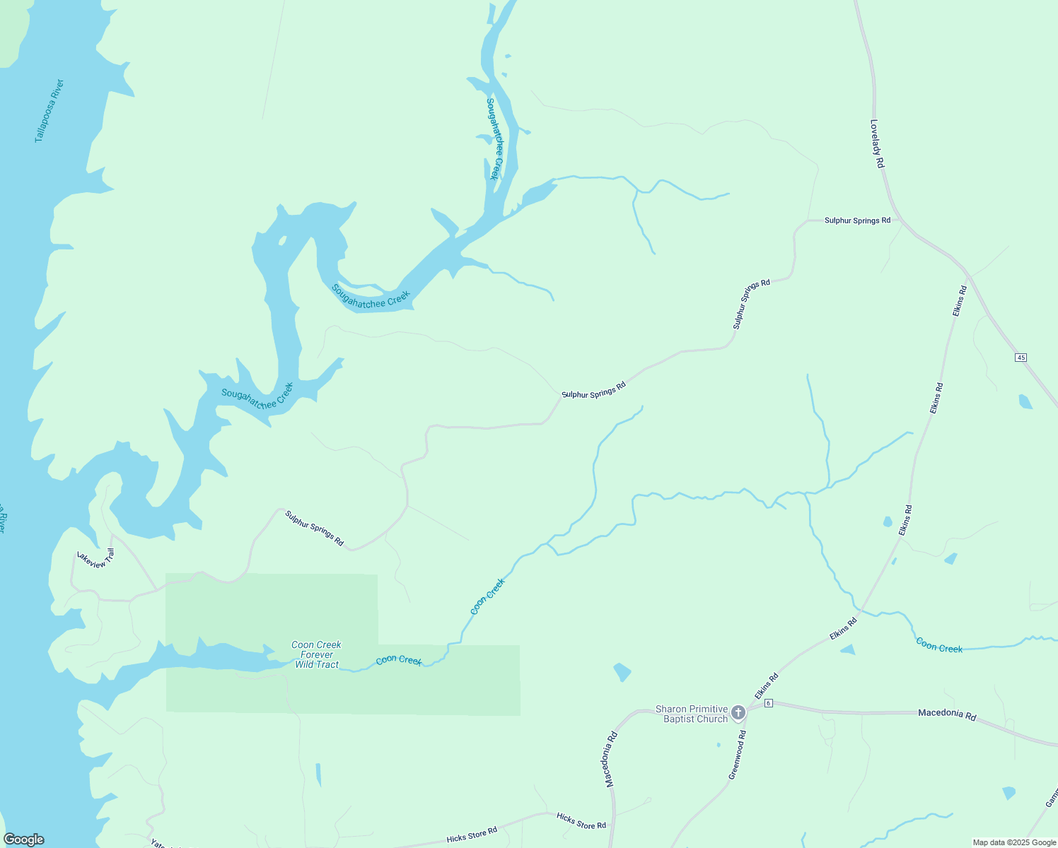 map of restaurants, bars, coffee shops, grocery stores, and more near Sulphur Springs Road in Tallapoosa County