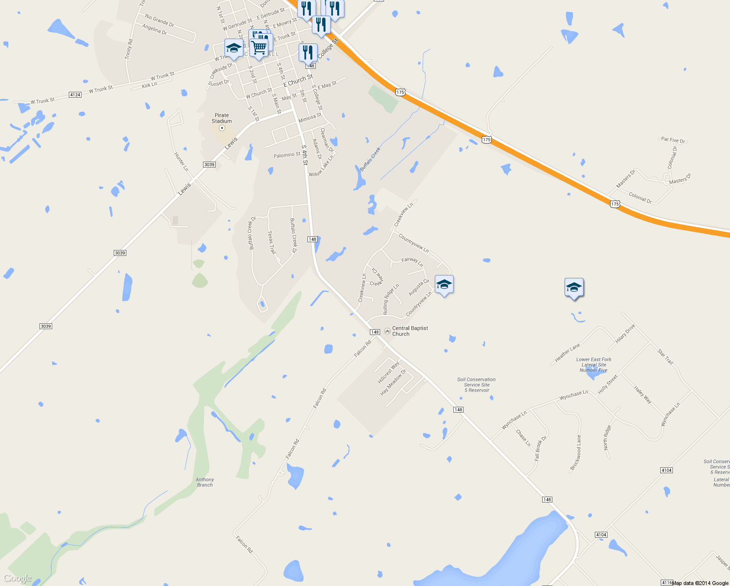 map of restaurants, bars, coffee shops, grocery stores, and more near 201 Creekview Court in Crandall