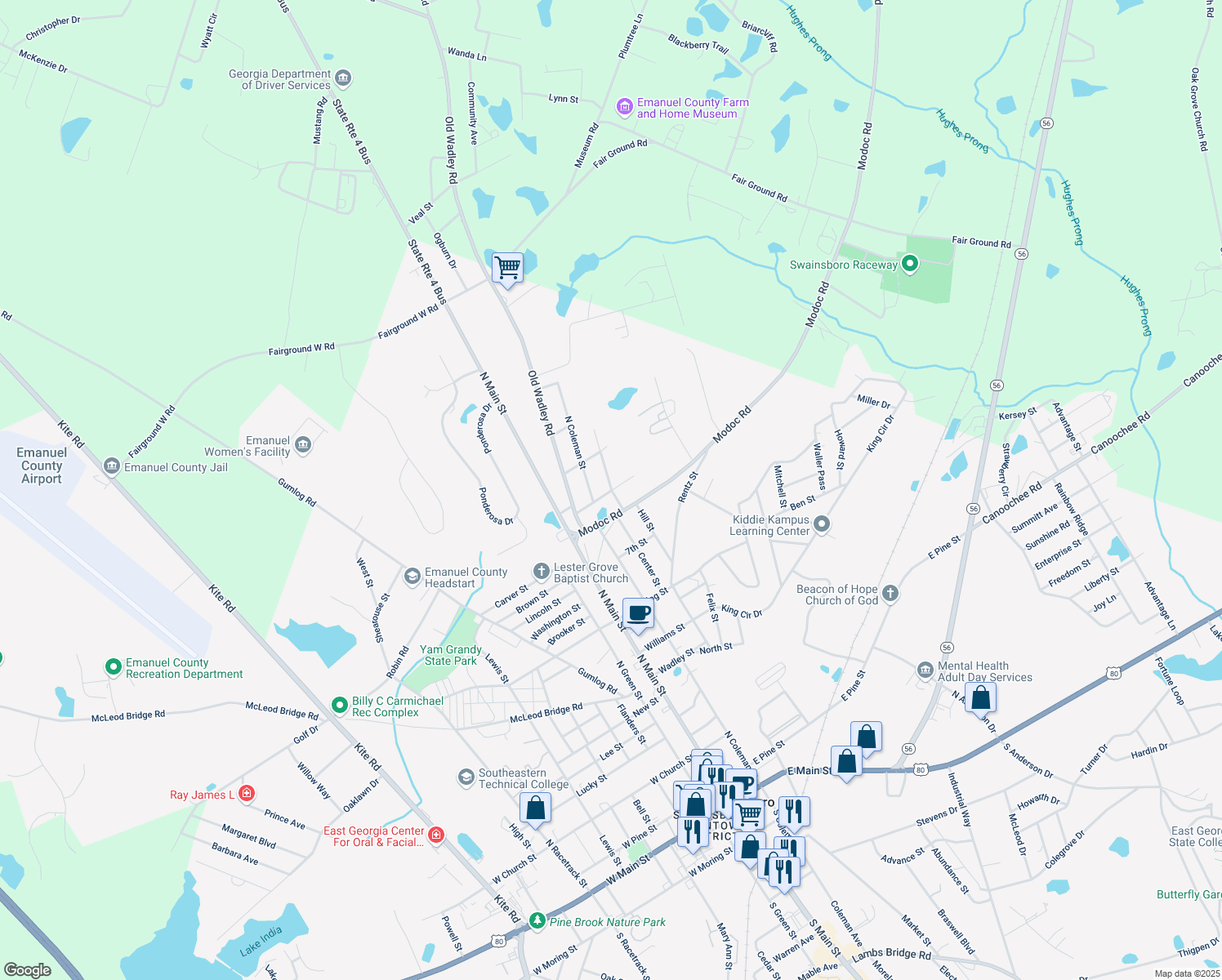 map of restaurants, bars, coffee shops, grocery stores, and more near 629 Thompson Road in Swainsboro