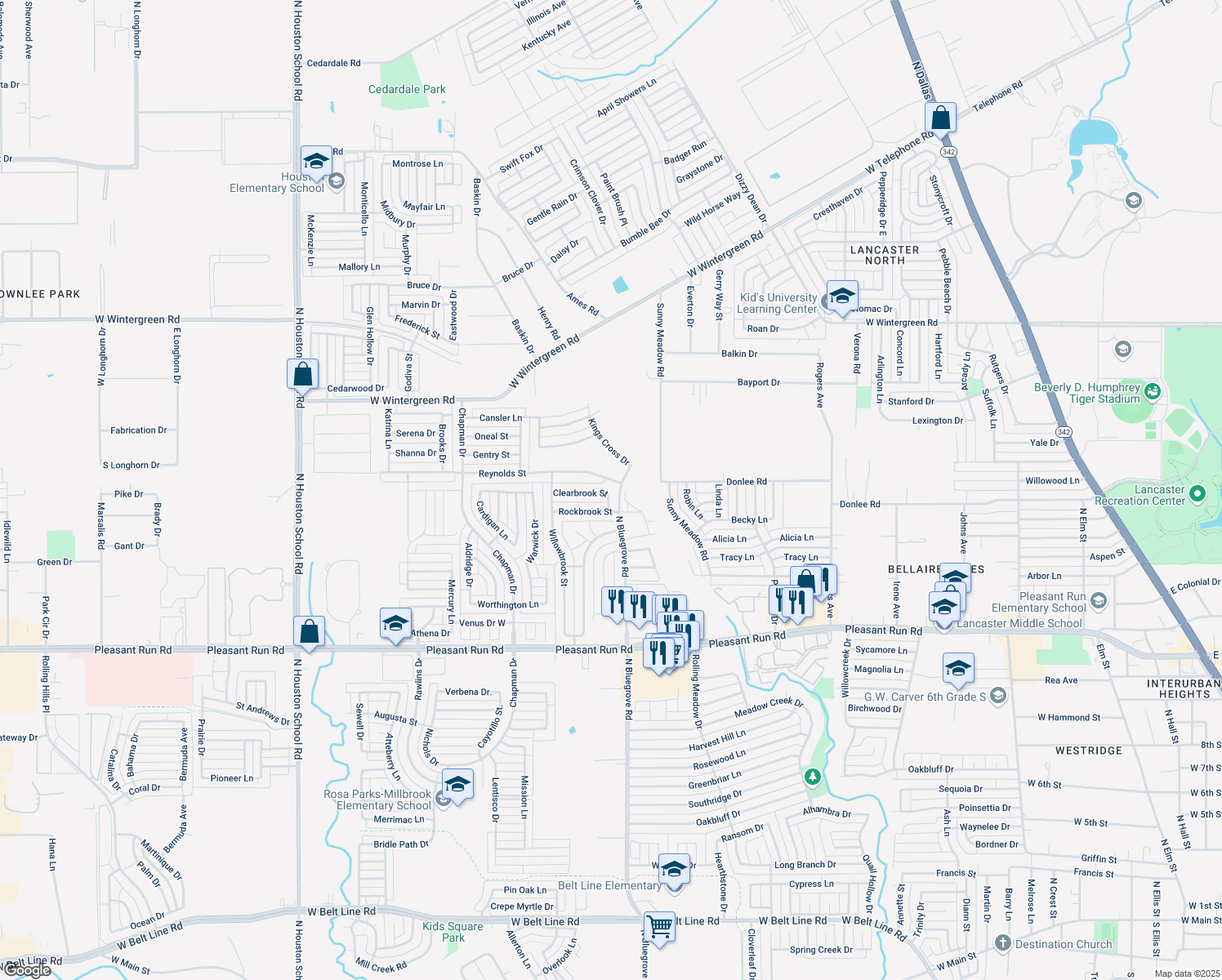 map of restaurants, bars, coffee shops, grocery stores, and more near 1415 Clearbrook Street in Lancaster
