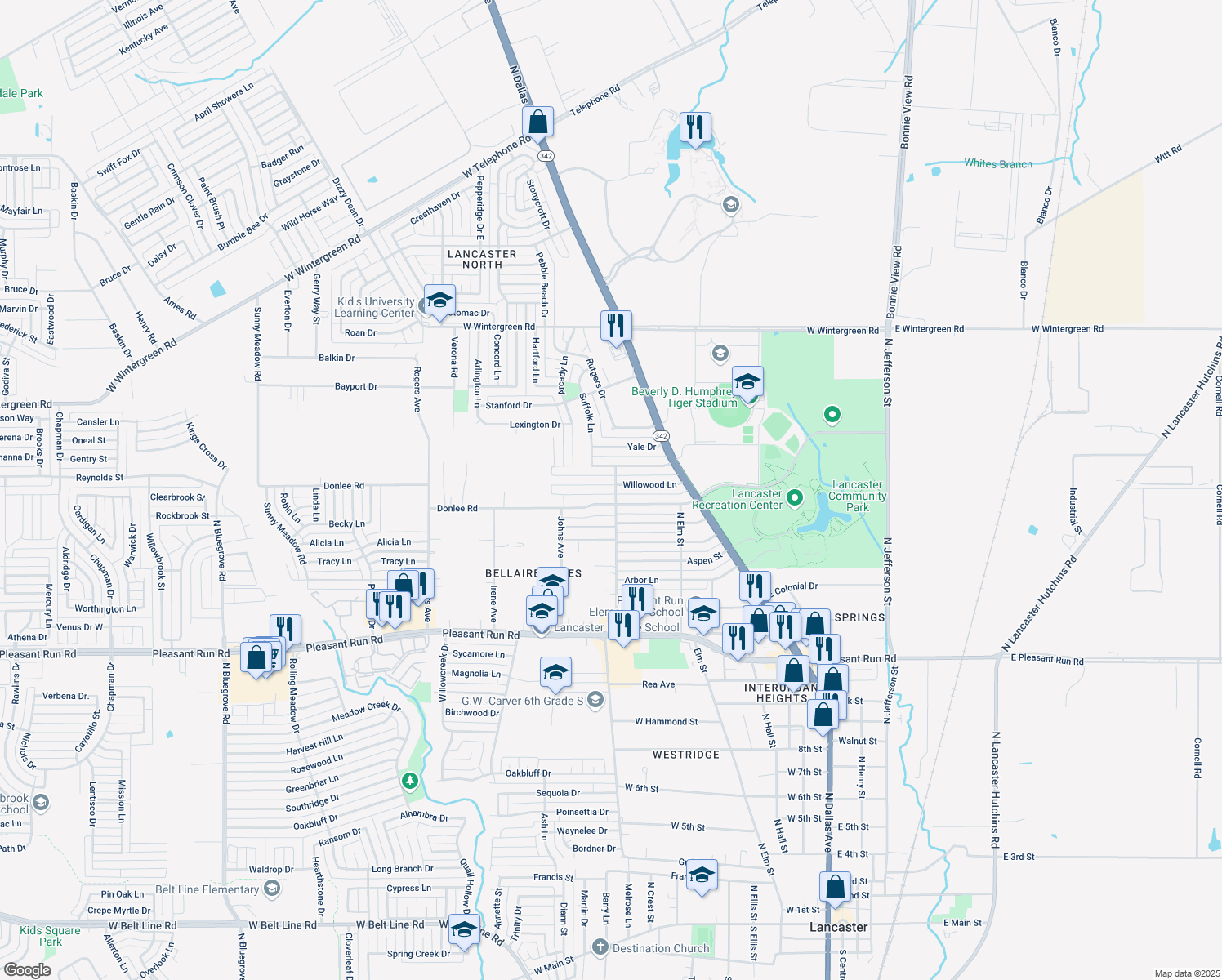 map of restaurants, bars, coffee shops, grocery stores, and more near 702 Willowood Lane in Lancaster