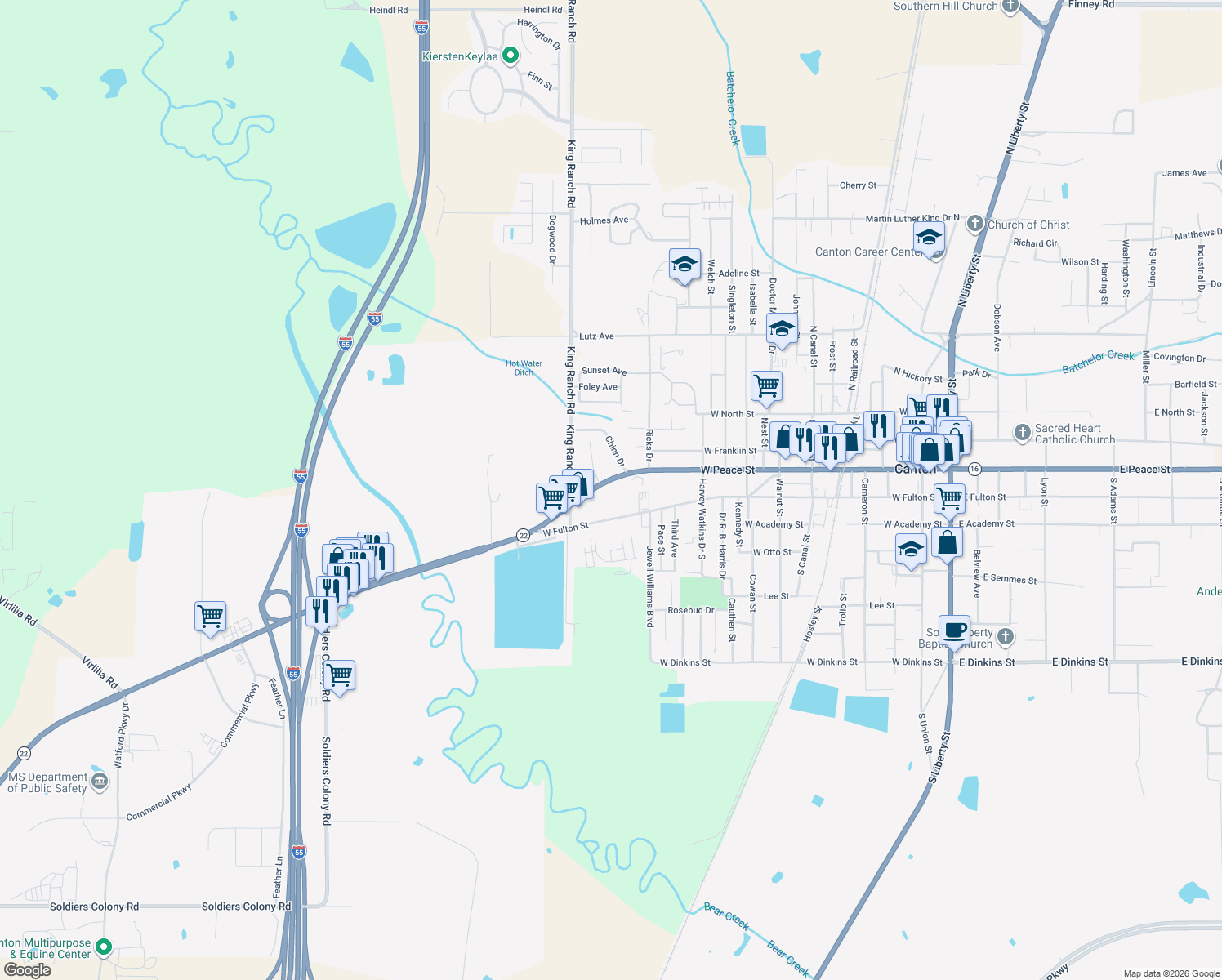 map of restaurants, bars, coffee shops, grocery stores, and more near 1668 West Peace Street in Canton