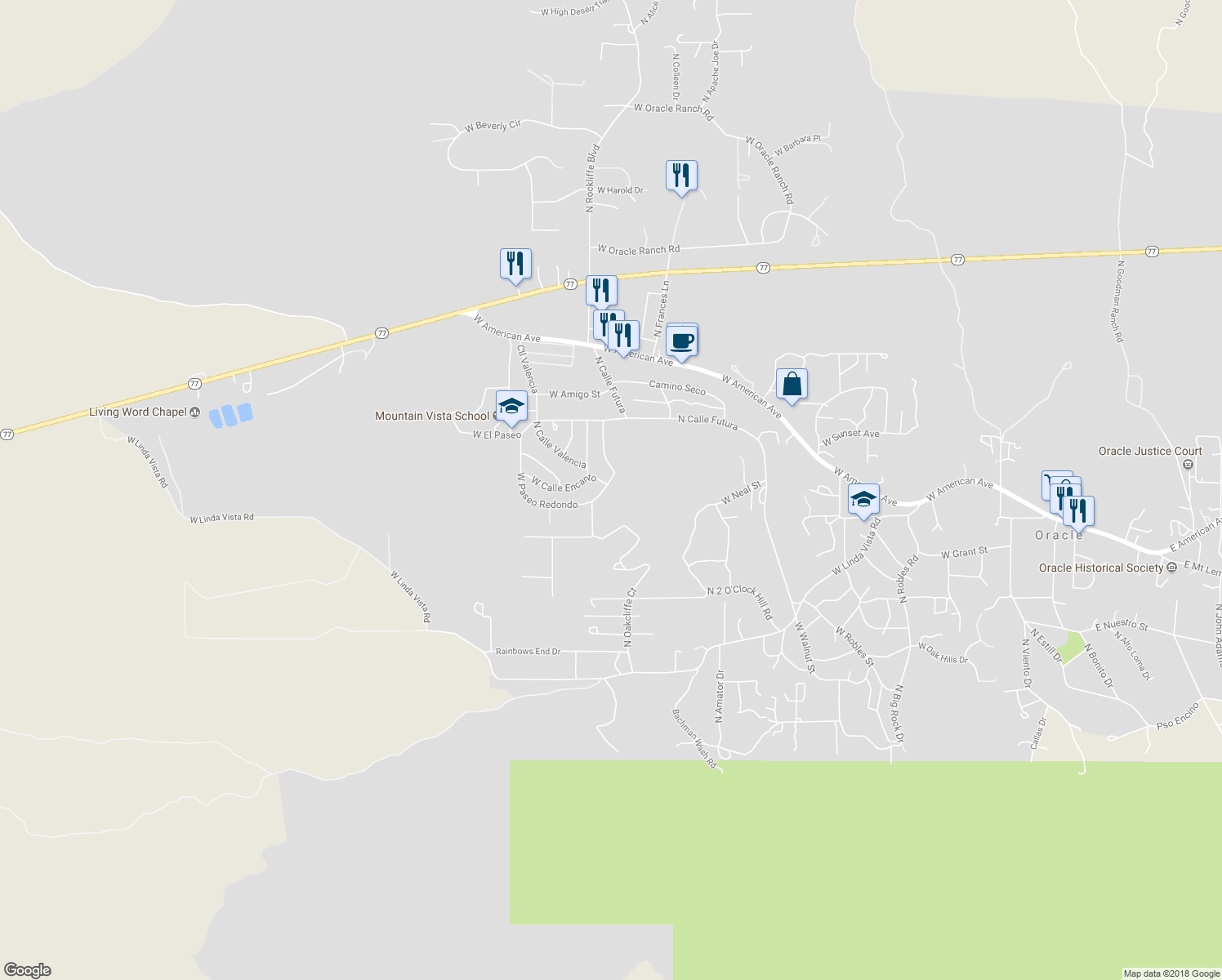 map of restaurants, bars, coffee shops, grocery stores, and more near 1925 West Paseo Redondo in Oracle