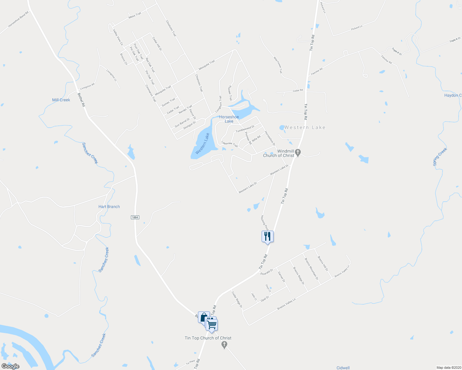 map of restaurants, bars, coffee shops, grocery stores, and more near 245 Western Lake Drive in Weatherford