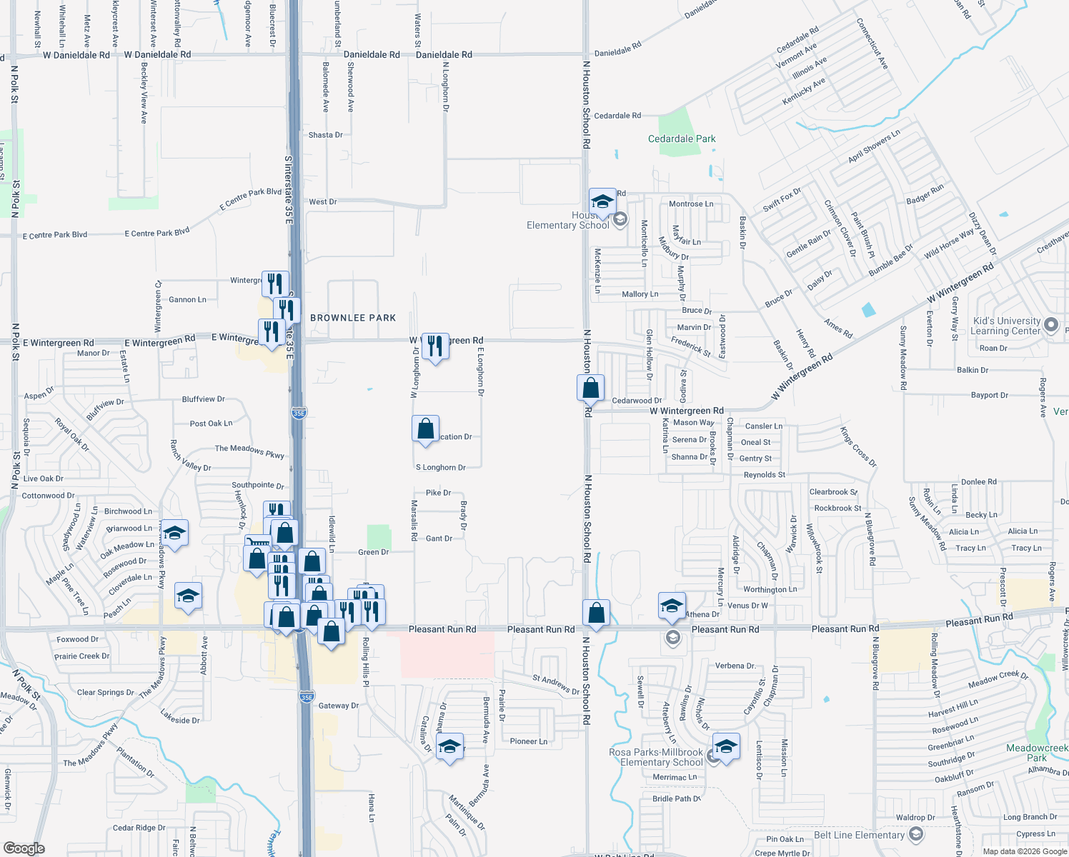 map of restaurants, bars, coffee shops, grocery stores, and more near 2105 North Houston School Road in Lancaster