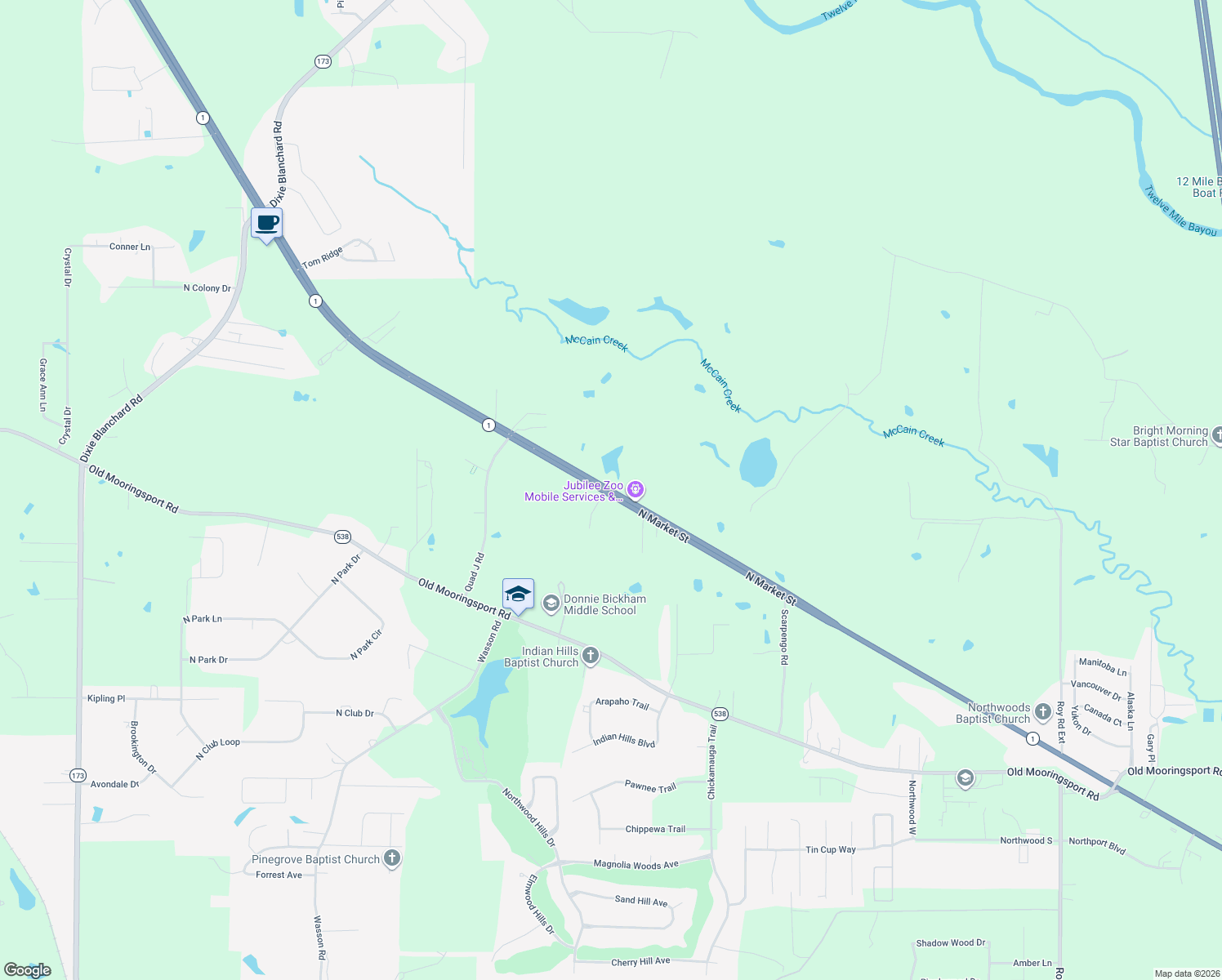 map of restaurants, bars, coffee shops, grocery stores, and more near 6530 Route 1 in Shreveport