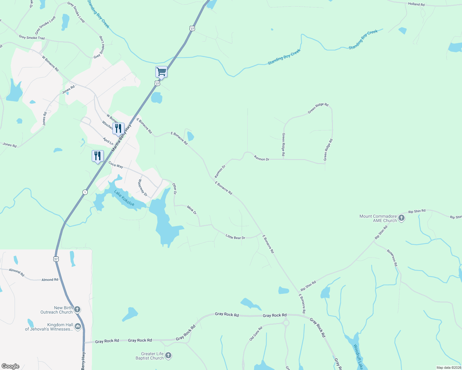 map of restaurants, bars, coffee shops, grocery stores, and more near 1105 East Bonacre Road in Cataula