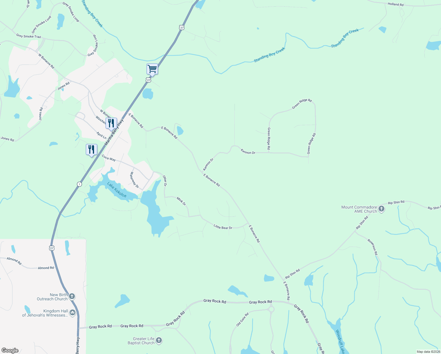 map of restaurants, bars, coffee shops, grocery stores, and more near 1105 East Bonacre Road in Cataula