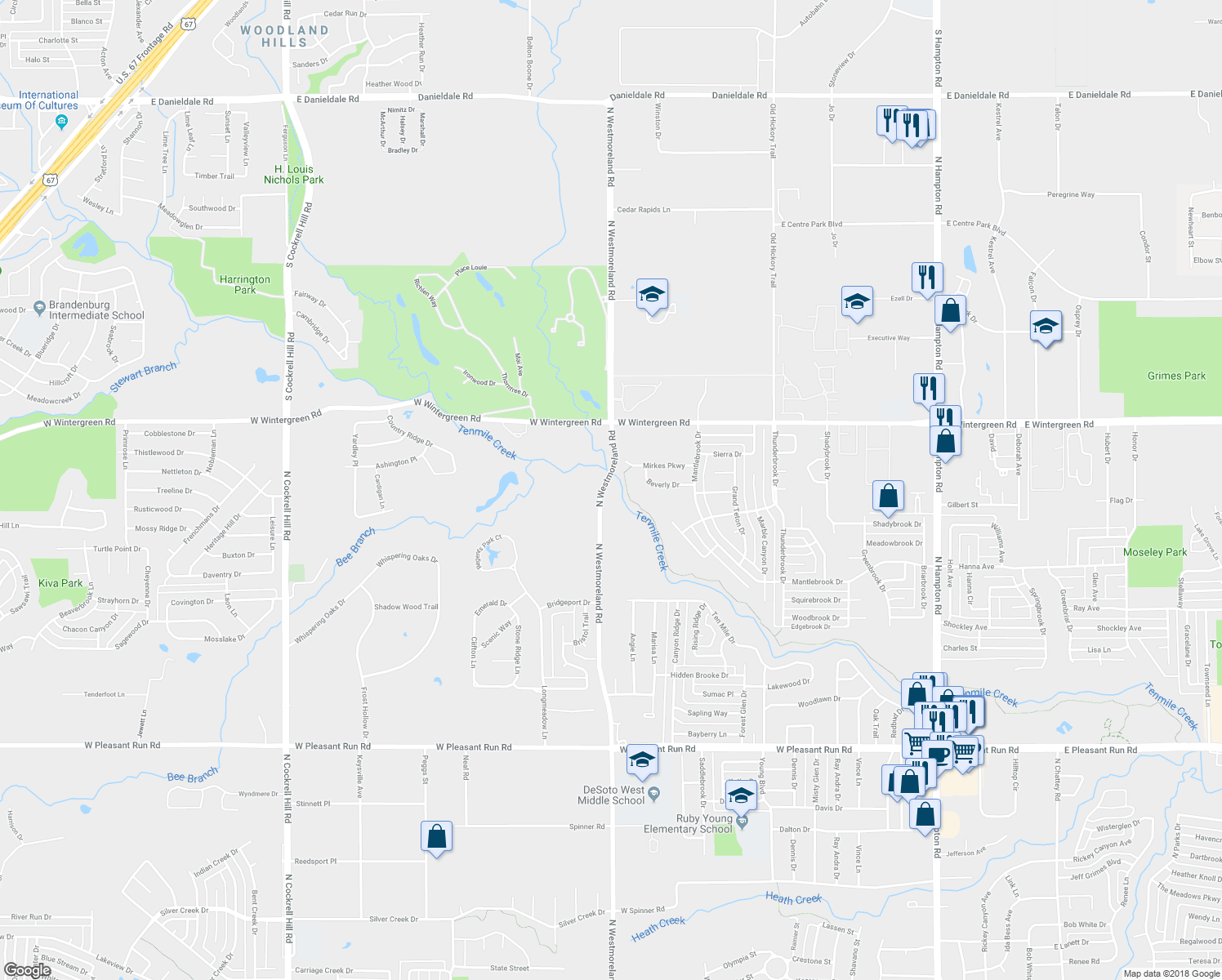 map of restaurants, bars, coffee shops, grocery stores, and more near 1400 North Westmoreland Road in DeSoto