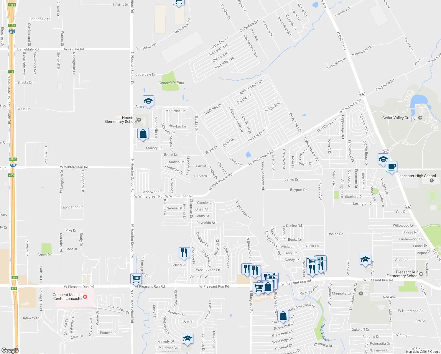 map of restaurants, bars, coffee shops, grocery stores, and more near 1531 West Wintergreen Road in Lancaster