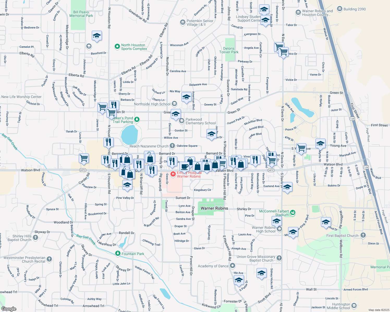map of restaurants, bars, coffee shops, grocery stores, and more near 319 Bernard Drive in Warner Robins