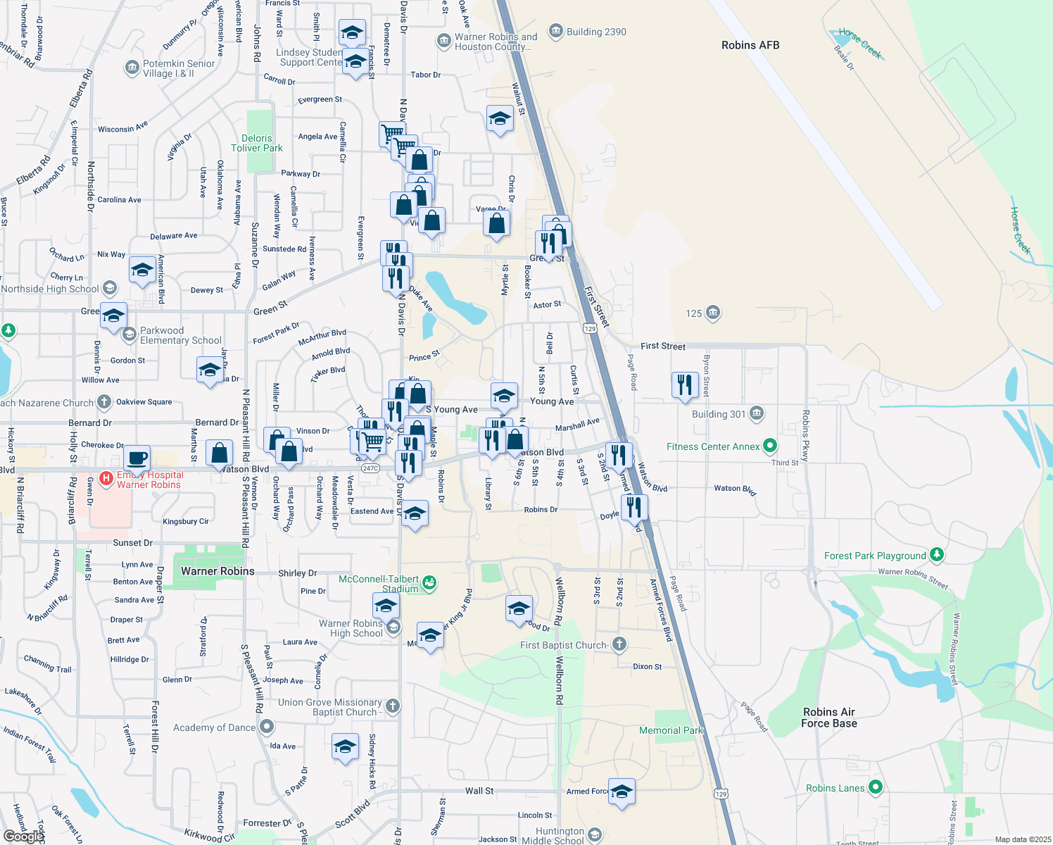 map of restaurants, bars, coffee shops, grocery stores, and more near 506 Marshall Ave in Warner Robins