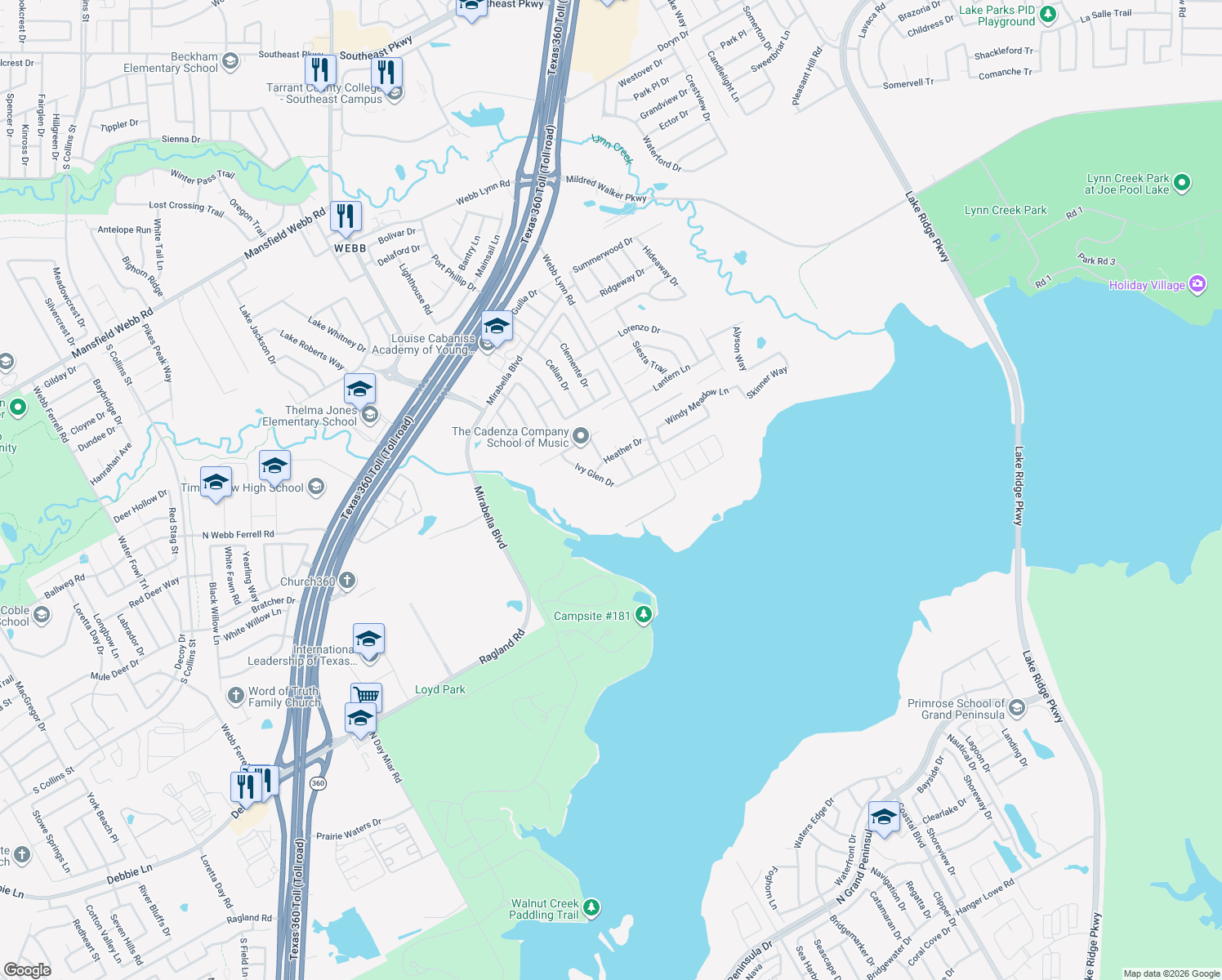 map of restaurants, bars, coffee shops, grocery stores, and more near 2807 Ivy Glen Drive in Grand Prairie