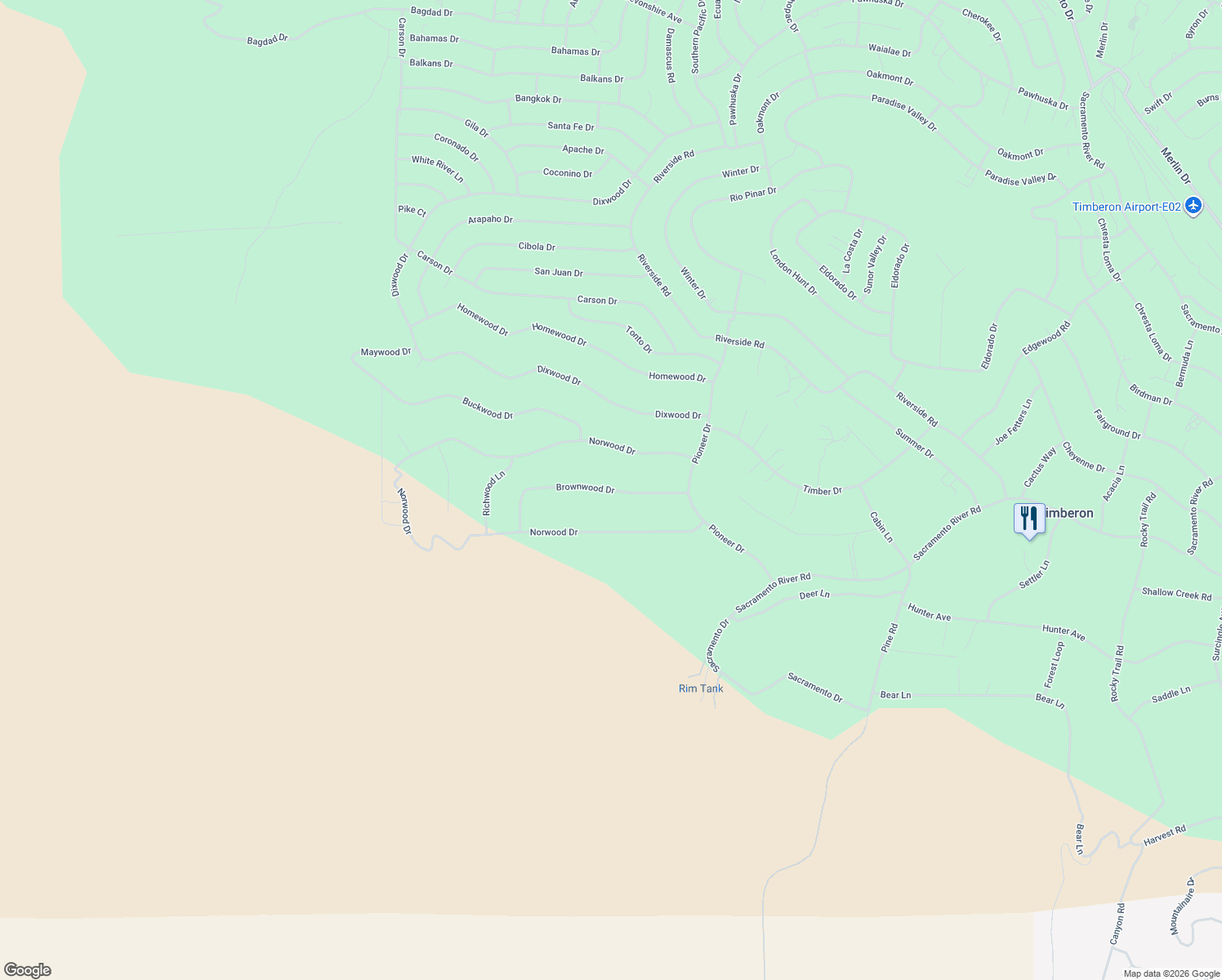 map of restaurants, bars, coffee shops, grocery stores, and more near Brownwood Drive in Timberon