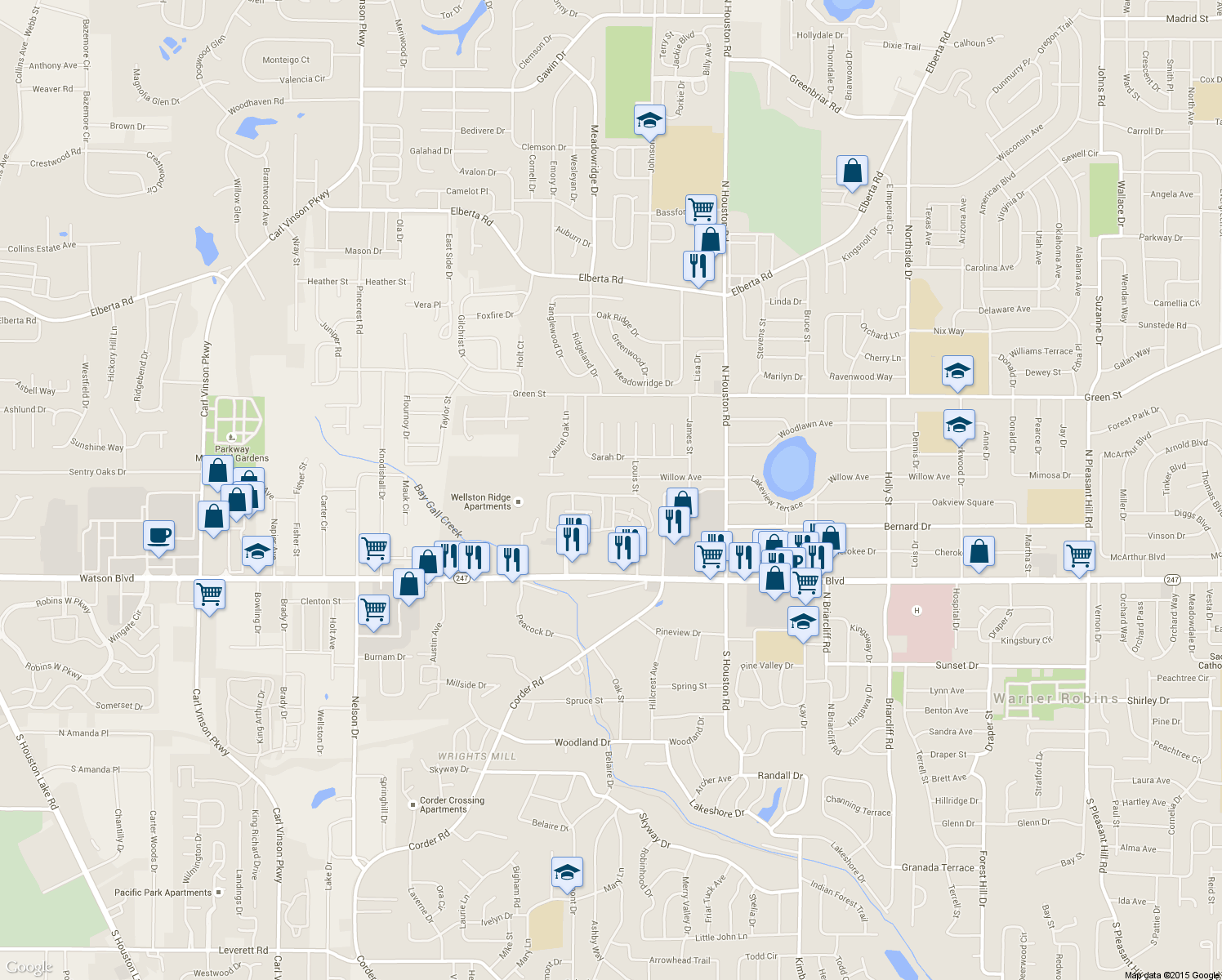map of restaurants, bars, coffee shops, grocery stores, and more near 427 Westcliff Circle in Warner Robins