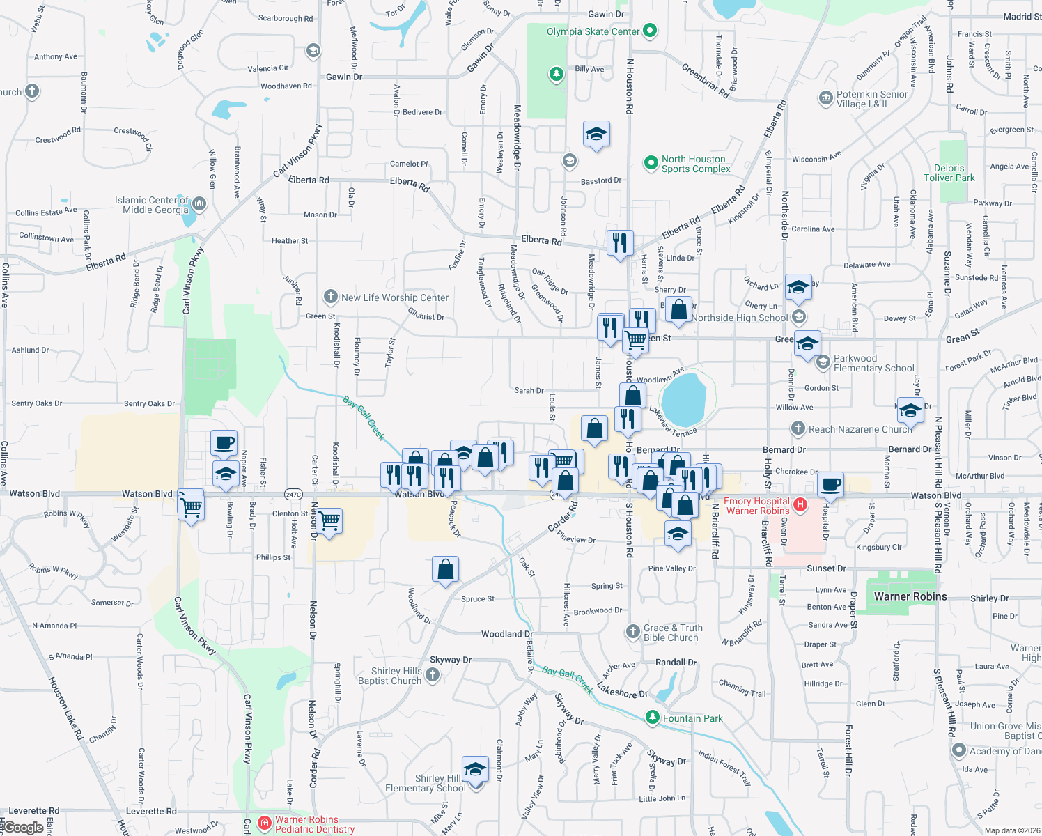 map of restaurants, bars, coffee shops, grocery stores, and more near 427 Westcliff Cir in Warner Robins