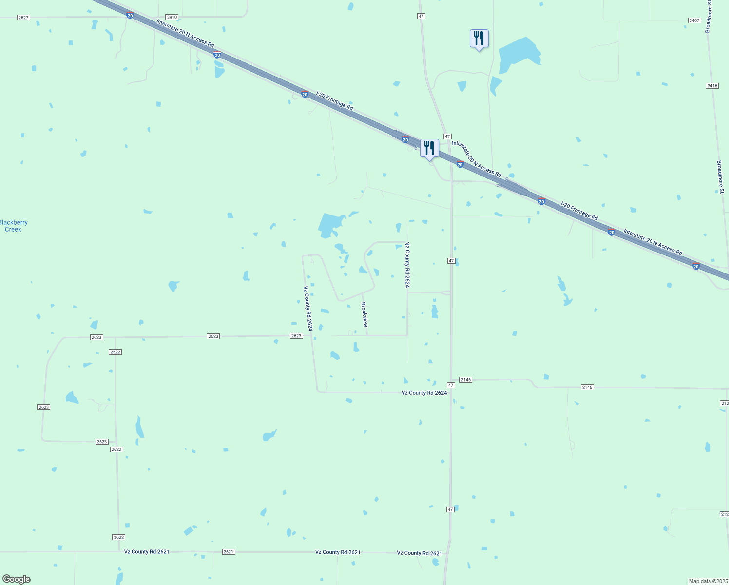map of restaurants, bars, coffee shops, grocery stores, and more near County Road 2624 in Wills Point