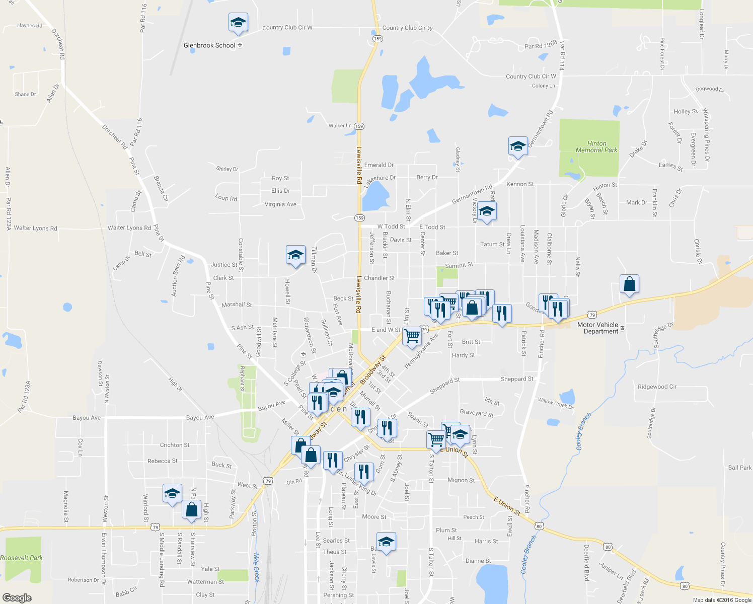 map of restaurants, bars, coffee shops, grocery stores, and more near 702 Lewisville Road in Minden