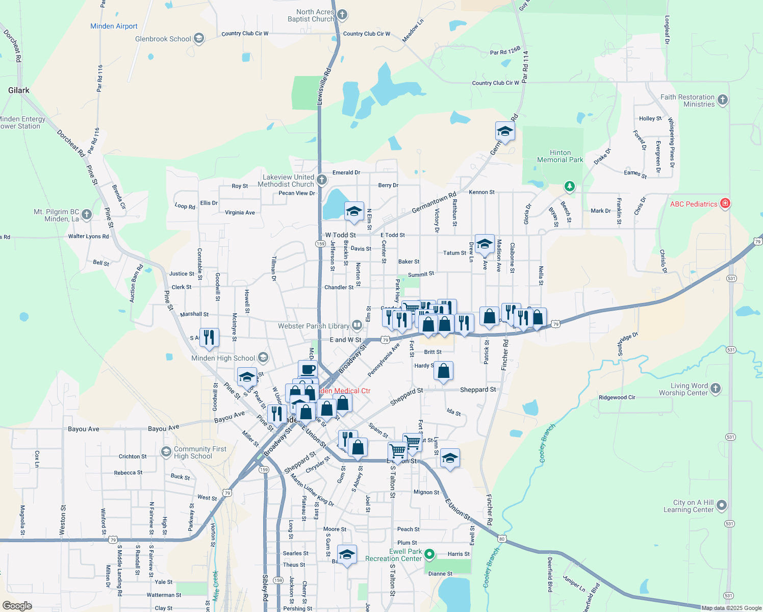 map of restaurants, bars, coffee shops, grocery stores, and more near 109 Goode Ave in Minden