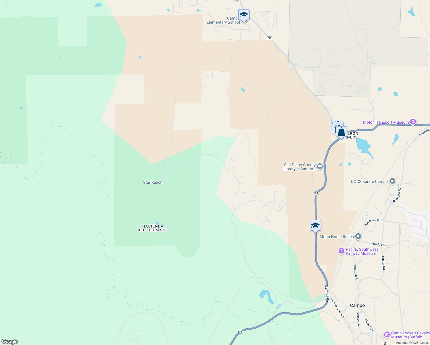 map of restaurants, bars, coffee shops, grocery stores, and more near 31308 California 94 in Campo