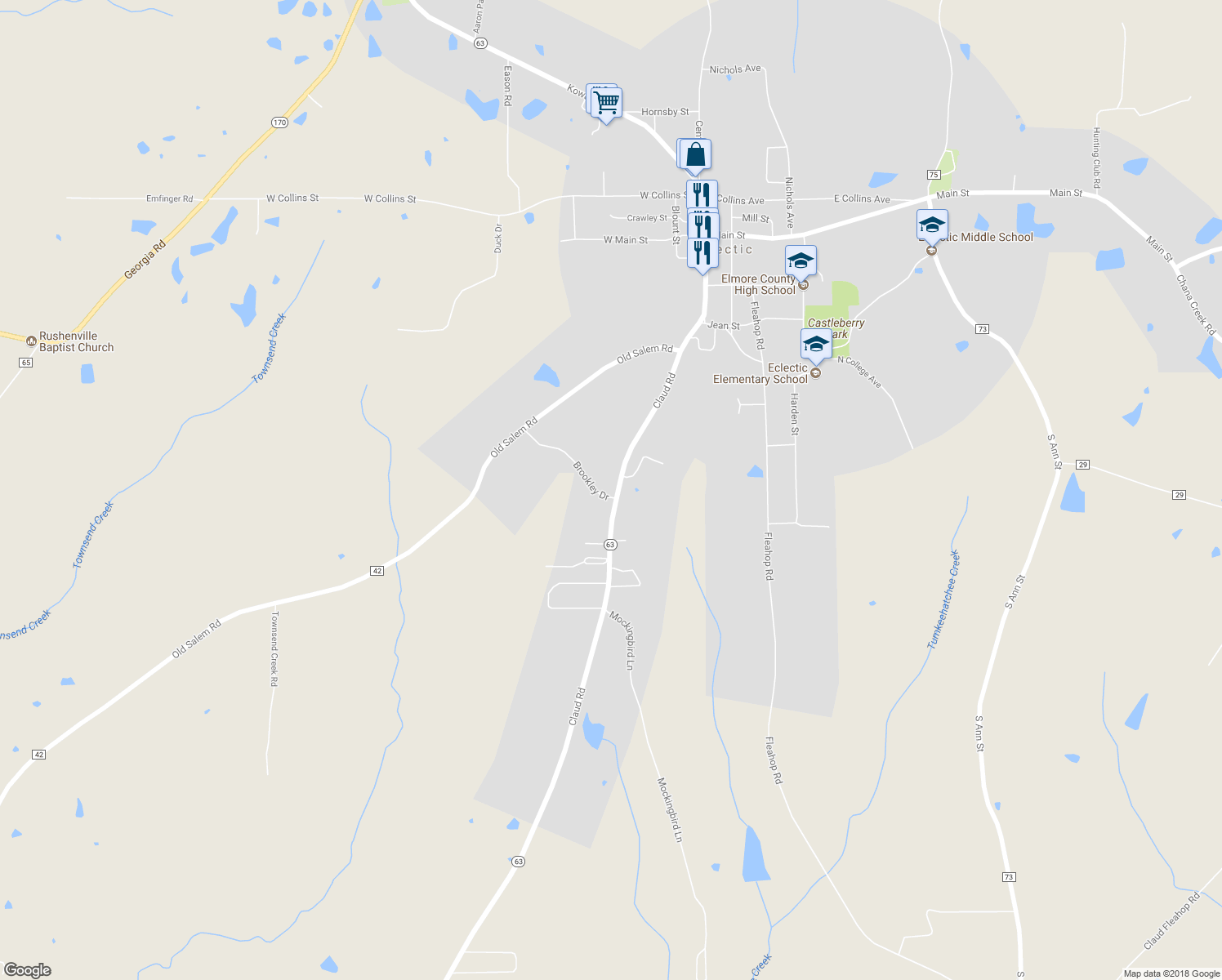 map of restaurants, bars, coffee shops, grocery stores, and more near 345 Brookley Drive in Eclectic