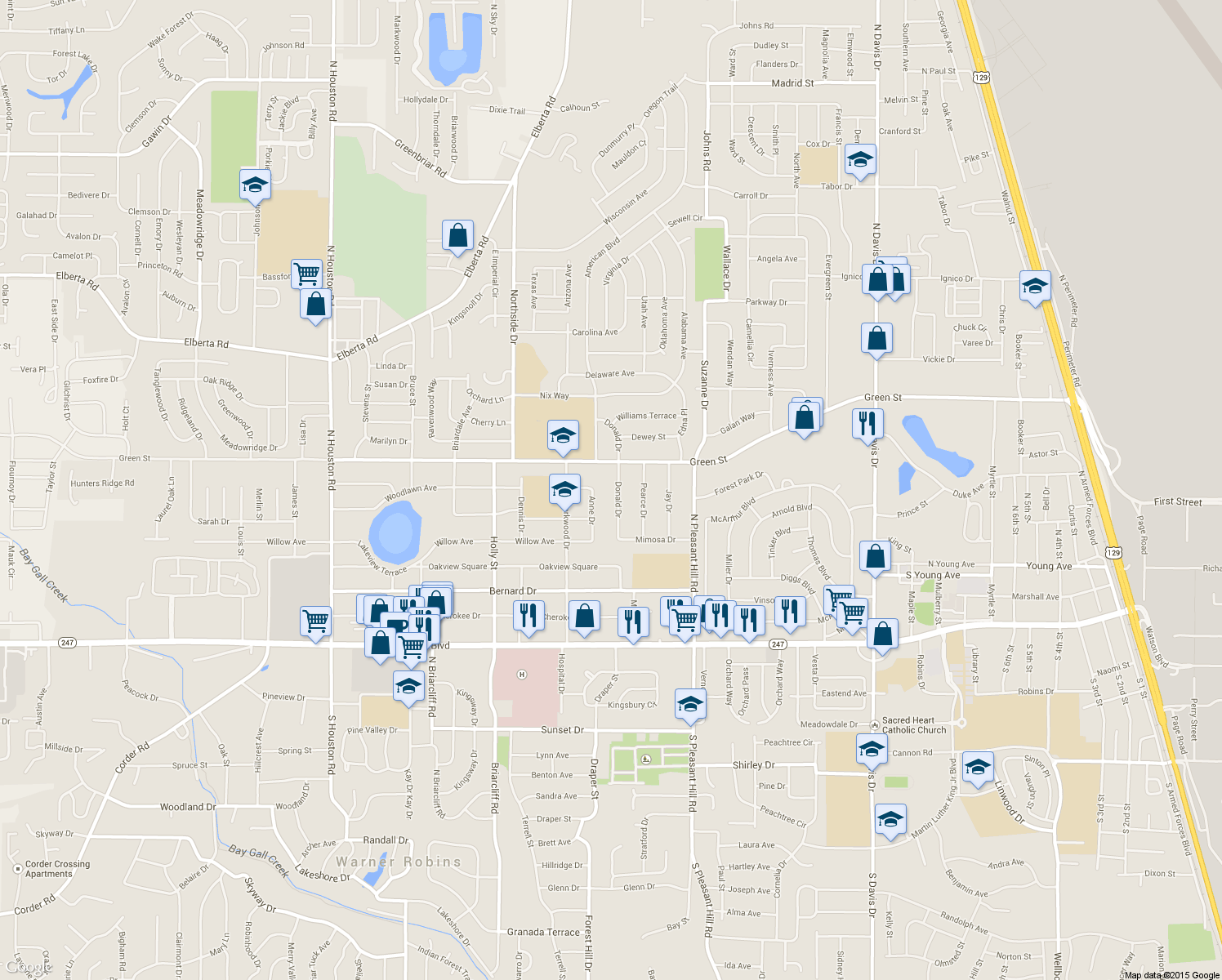 map of restaurants, bars, coffee shops, grocery stores, and more near 115 Donald Dr in Warner Robins