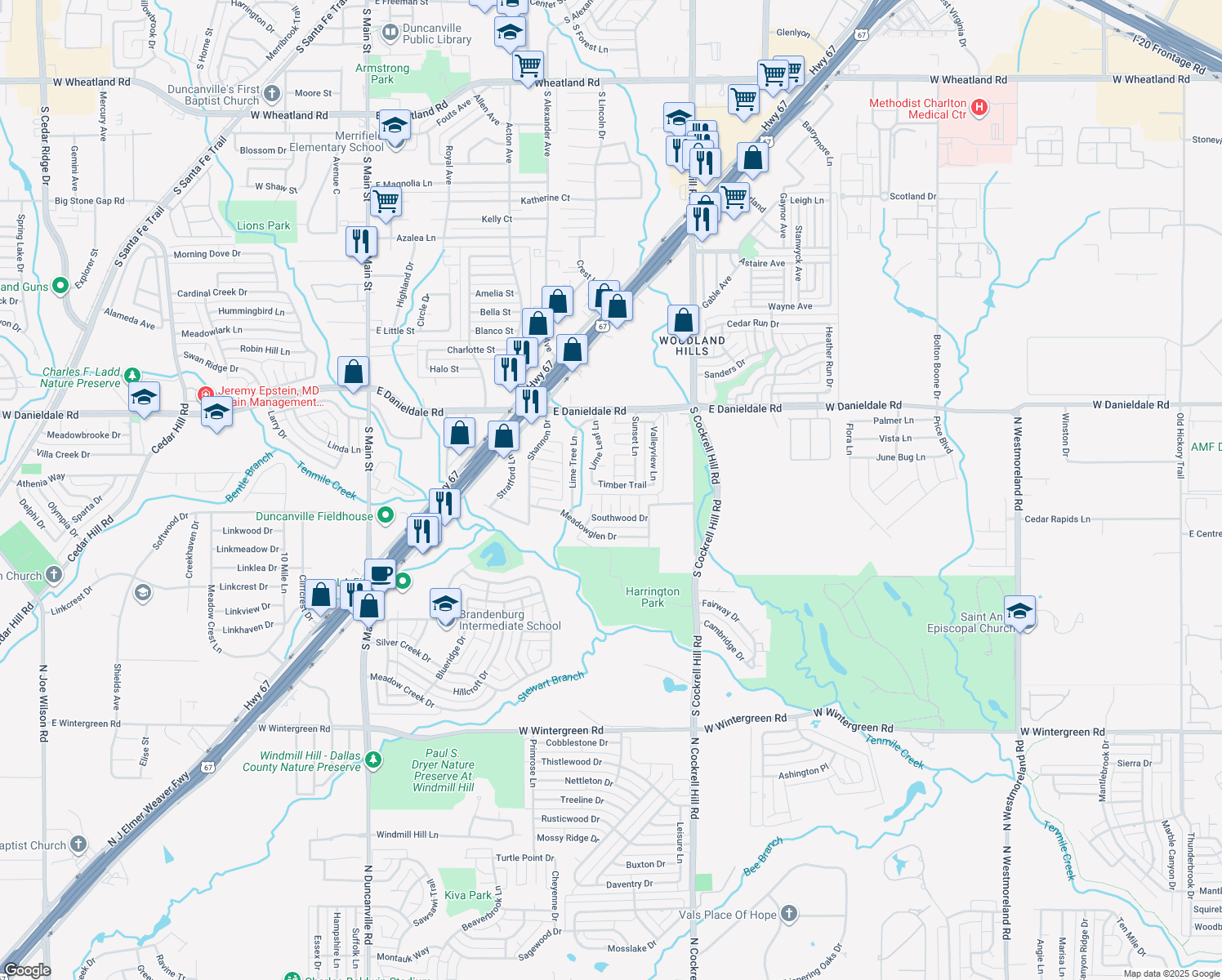 map of restaurants, bars, coffee shops, grocery stores, and more near 622 Timber Trail in Duncanville