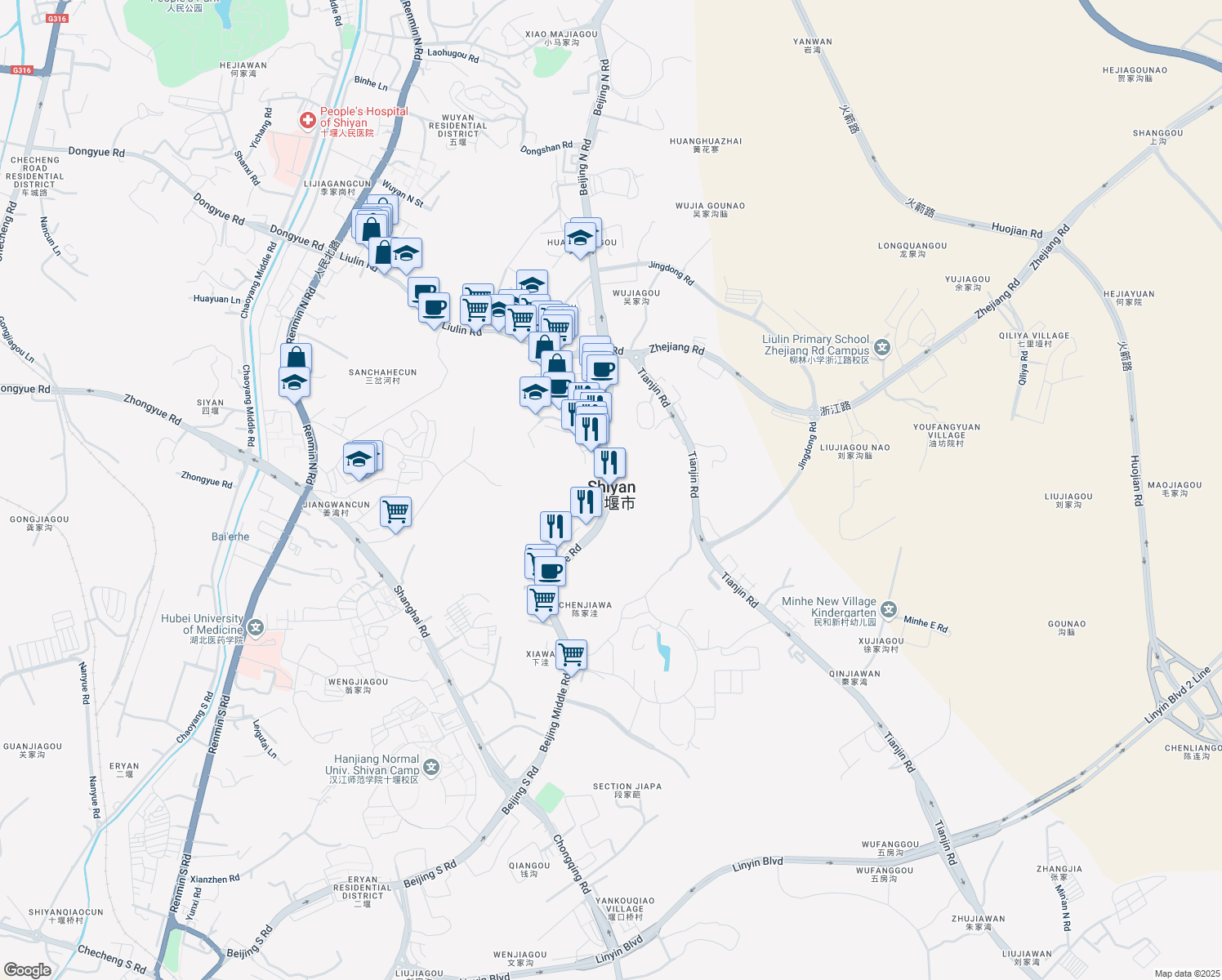map of restaurants, bars, coffee shops, grocery stores, and more near in Shiyan