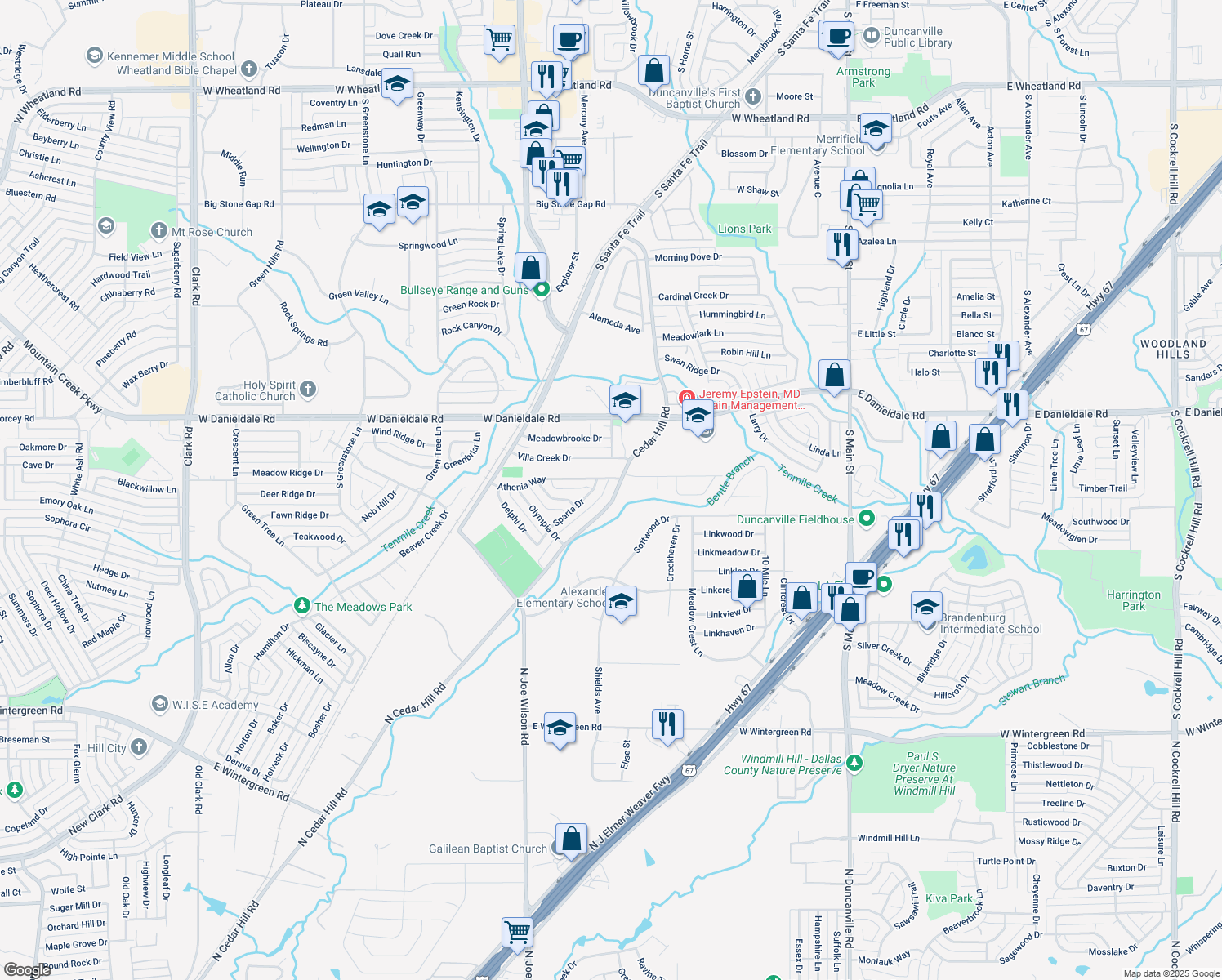 map of restaurants, bars, coffee shops, grocery stores, and more near 1611 Cedar Hill Rd in Duncanville