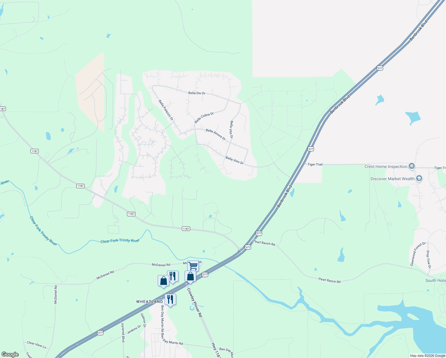 map of restaurants, bars, coffee shops, grocery stores, and more near 12808 Bella Vita Drive in Fort Worth