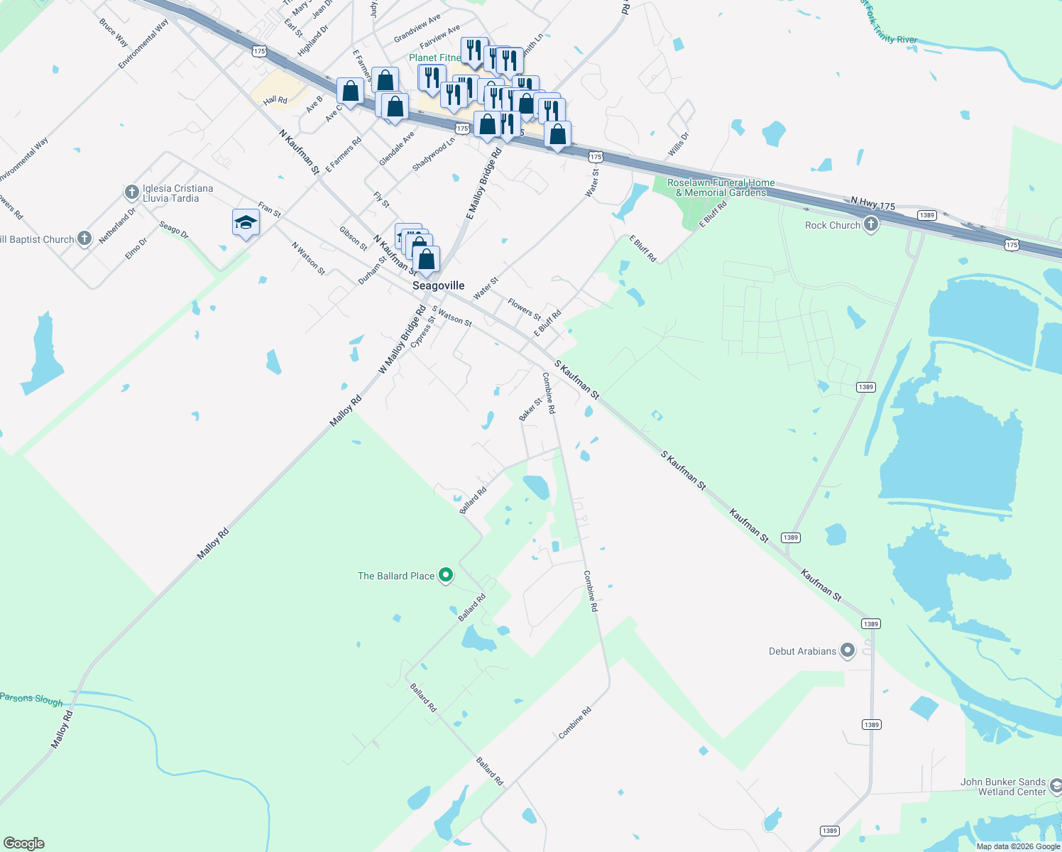 map of restaurants, bars, coffee shops, grocery stores, and more near 423 Baker St in Seagoville