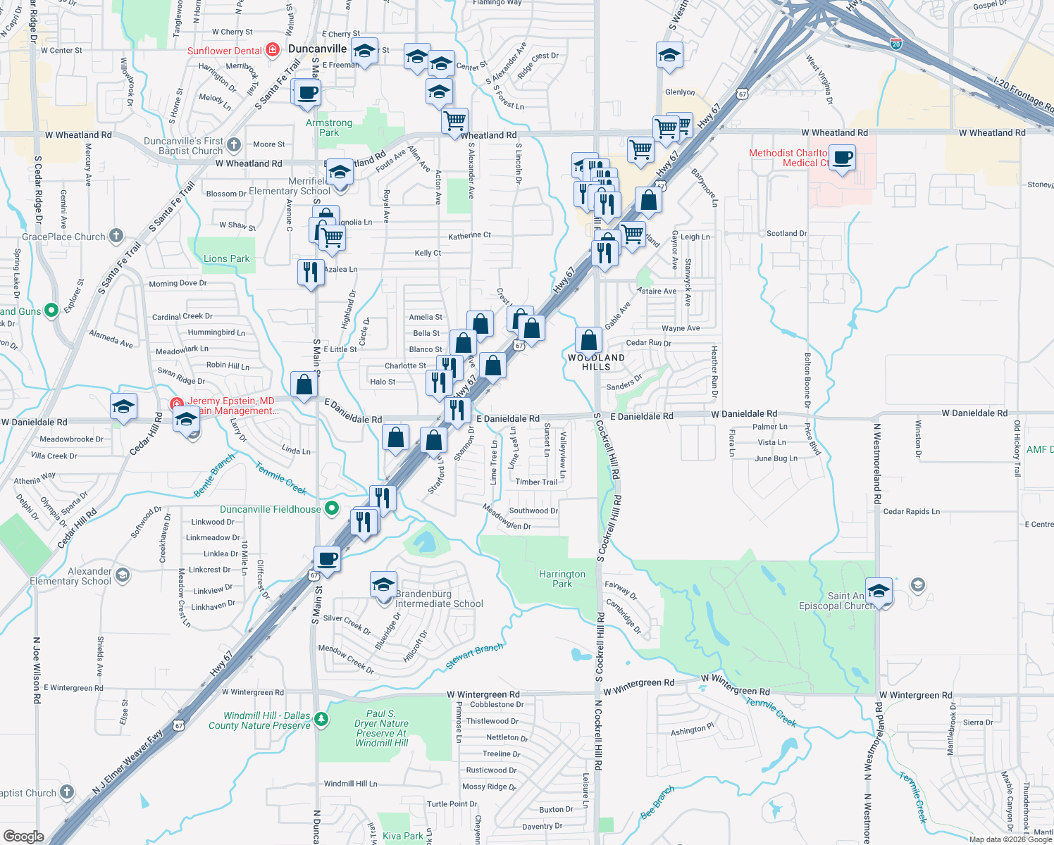map of restaurants, bars, coffee shops, grocery stores, and more near 607 Valley Hill Road in Duncanville