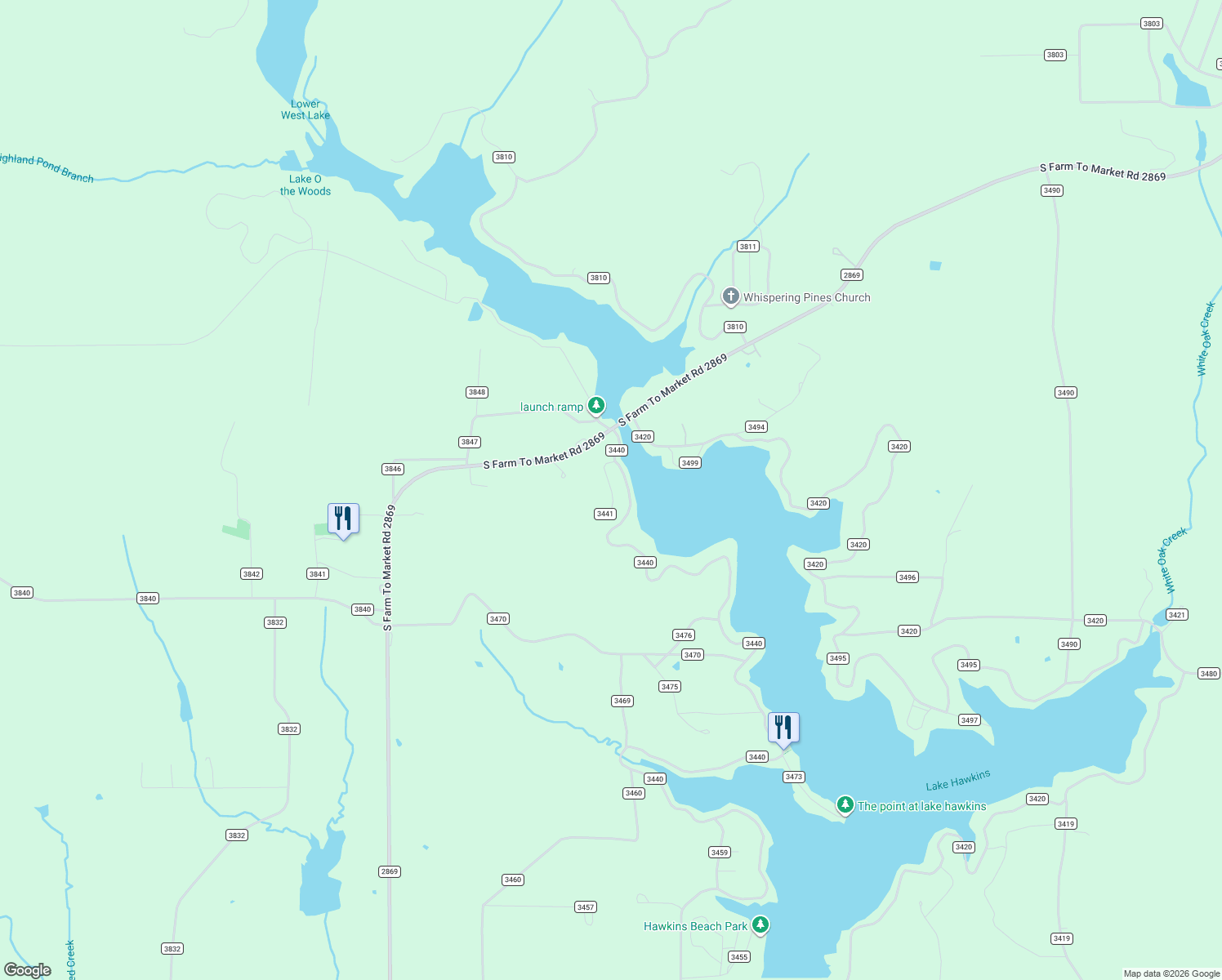 map of restaurants, bars, coffee shops, grocery stores, and more near County Road 3441 in Hawkins